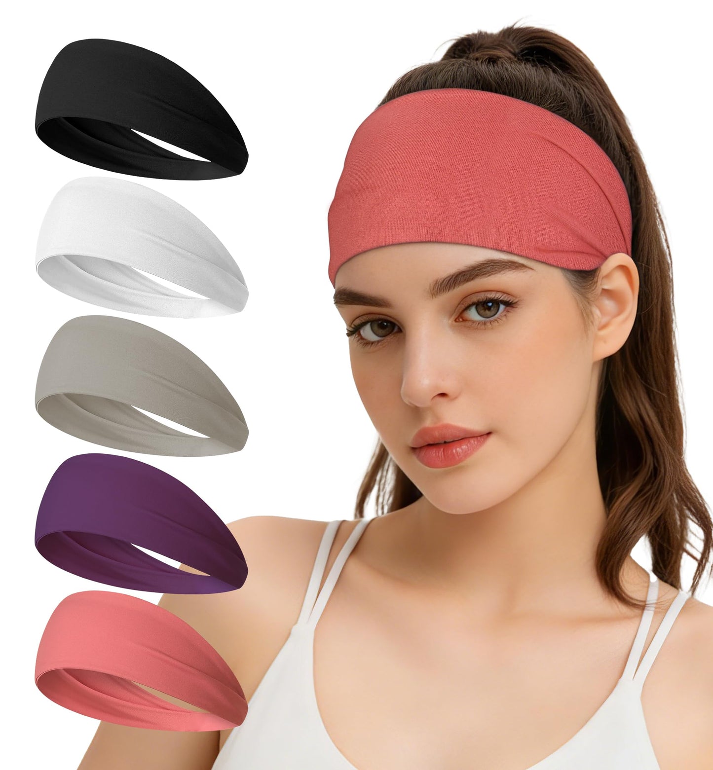 HiRui Headbands for Men & Women (5 Pack), Moisture Wicking No‑Slip Sports Headbands for Running, Workout, Yoga, Cycling, Gym, Soft Stretchy Sweatbands & Hair Bands for Everyday Wear