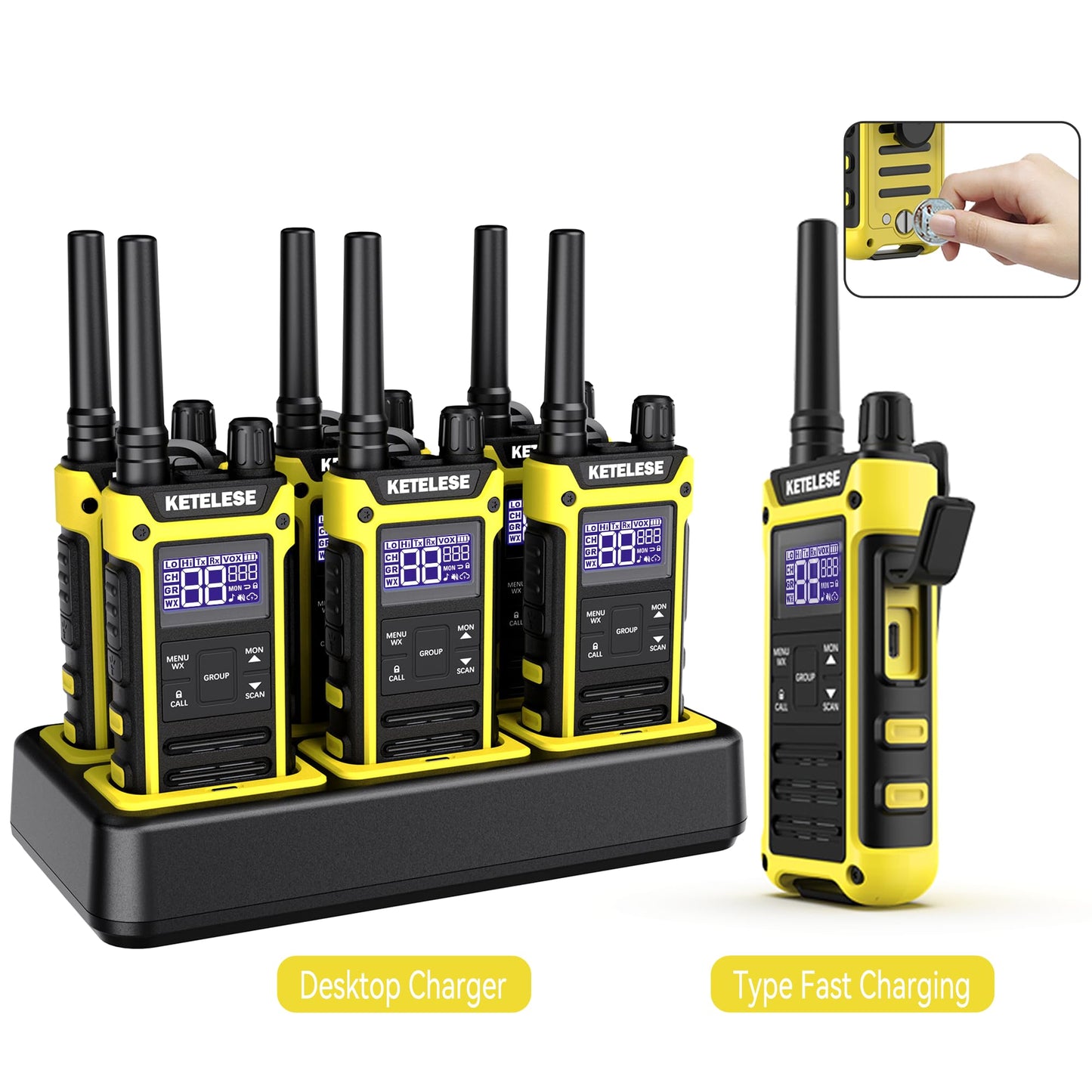 KETELESE T3F Walkie Talkies 6 Pack for Adults, IP67 Waterproof 2 Way Radios Rechargable, with Earpiece and Mic, Shock Resistant, Dual PTT, One Key Group Call, VOX, NOAA&Wheather Alert, Black/Yellow