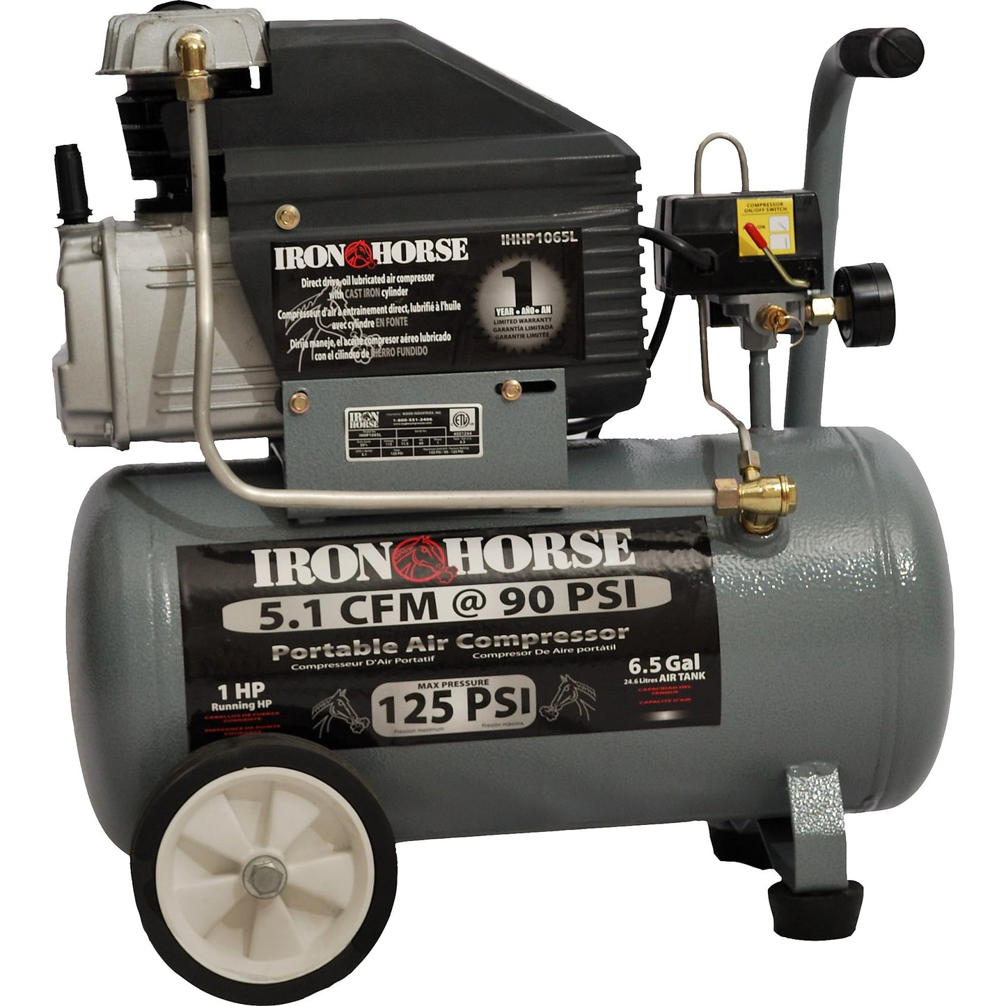 Iron Horse IHHP1065L 6.5-Gallon Portable Electric Air Compressor, 125 PSI Max