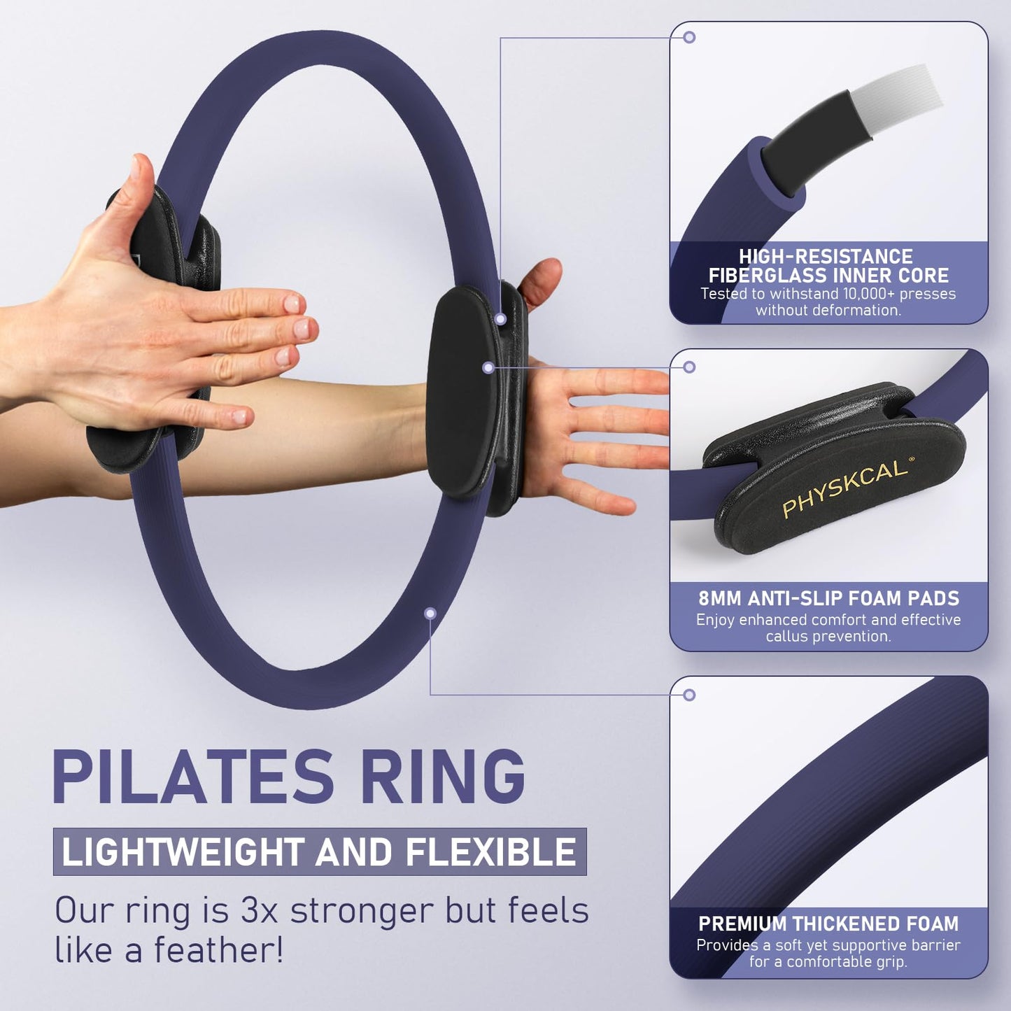 PhysKcal Pilates Ring Set, 15-Inch Magic Circle with 1x Core Ball, 3X Resistant Loop and 2X Flex Band, Mat Pilates at Home Essential Kit (Navy)