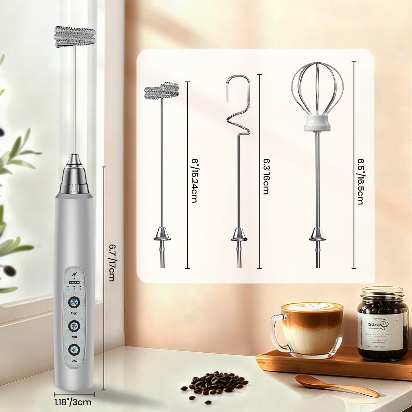 Colarlemo Milk Frother Handheld Rechargeable, Frother Wand Drink Mixer Electric Whisk for Coffee, Detachable With 3 Stainless Whisks, Hand Mixer for Lattes, Cappuccino, Matcha, Egg, No Stand, Silver
