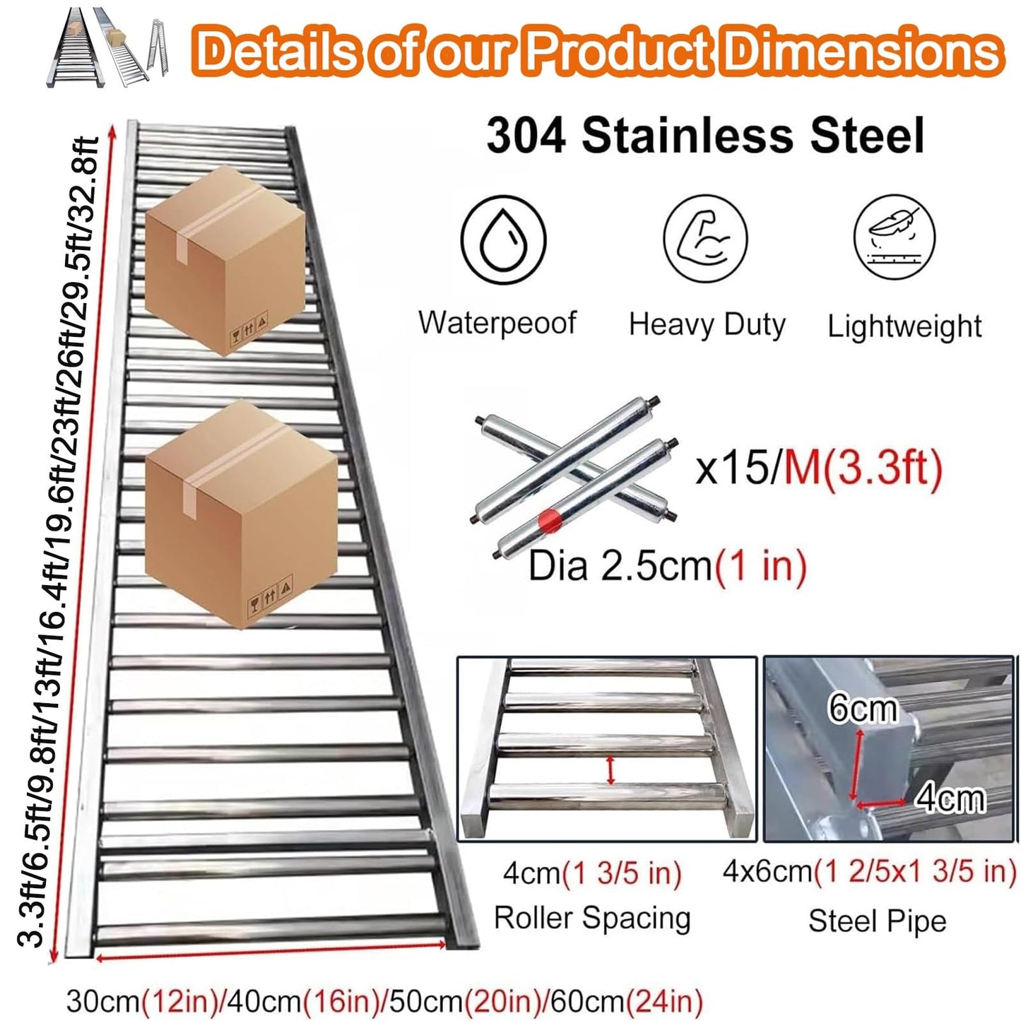 Adjustable Heavy Duty Collapsible Gravity Conveyor Roller for Warehouse Unloading, 3.3-33ft Length, 16in Width, 9.8ft Stand, Ideal for Material Handling Solutions