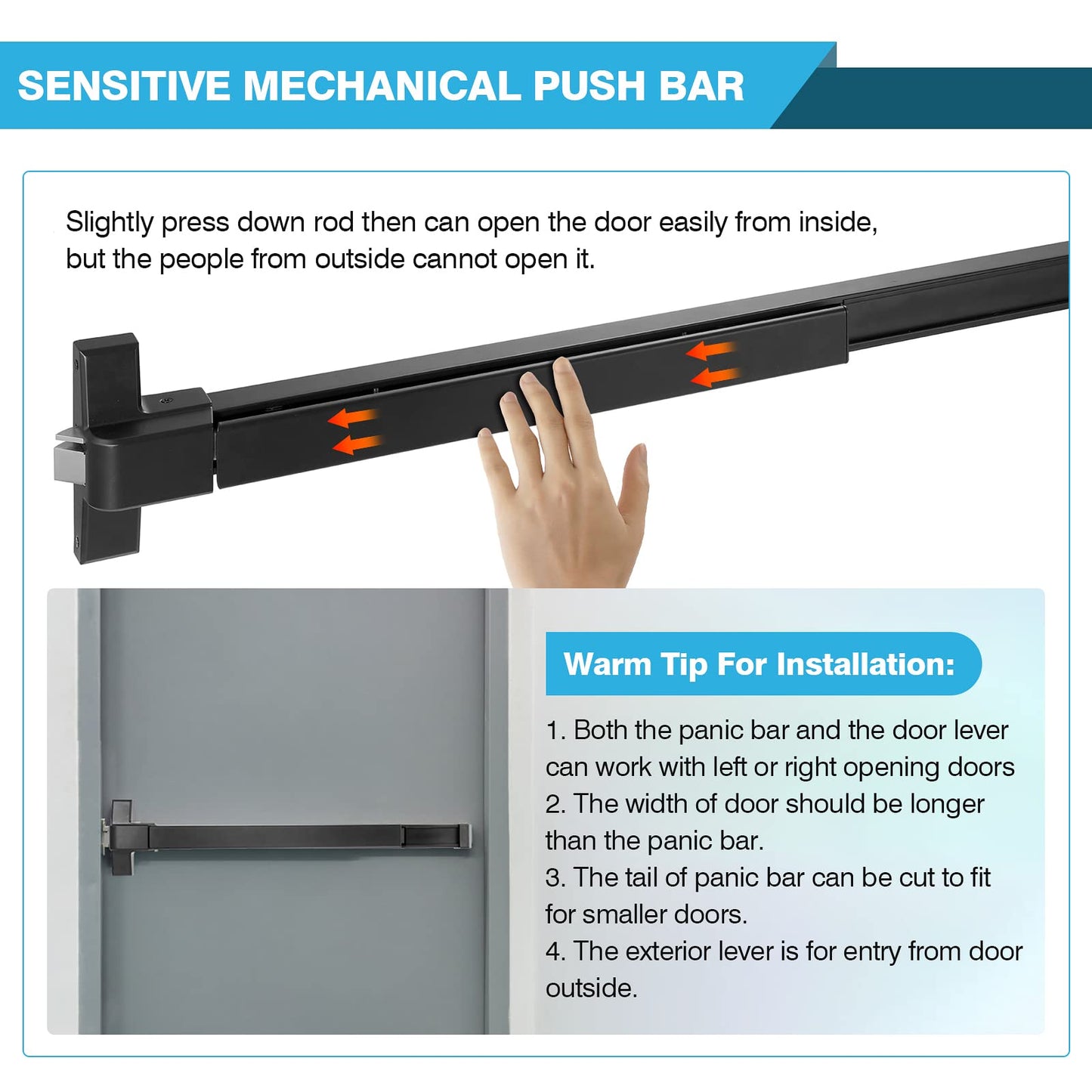 IRONWALLS Panic Exit Device, Black - 41' Commercial Door Push Bar with Exterior Lever, Stainless Steel Emergency Door Push Bar Locks for 41'-53' Doors