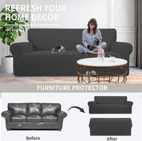 Easy-Going Stretch Sofa Slipcover - Soft Elastic Bottom Furniture Protector in Dark Gray, Small Checks