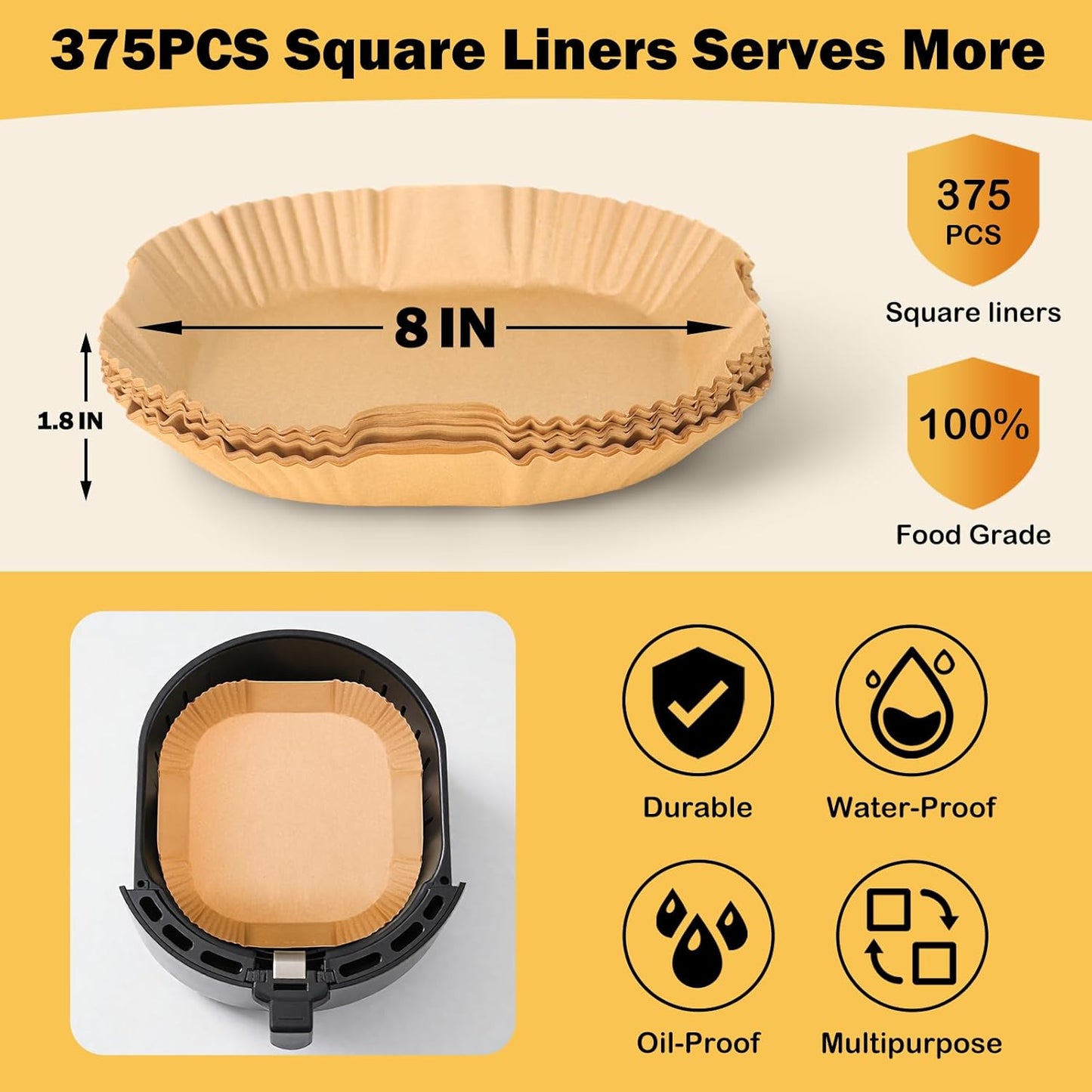 Skiennix Air Fryer Paper Liners - 375 Pcs Heavy-Duty Non-Stick Parchment for 5-8 Qt Air Fryers | 8" Square Size