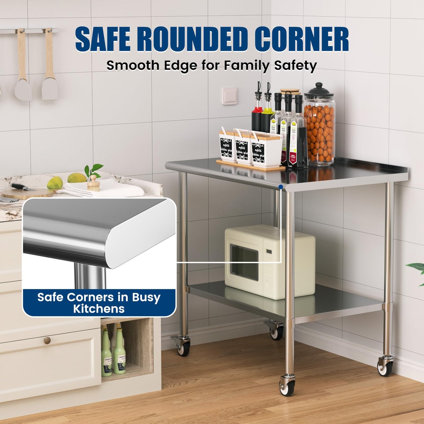 Chingoo Stainless Steel Work Table with Wheels, 30x48 Inch NSF Food Prep Table with Backsplash & Adjustable Undershelf for Kitchen, Restaurant, Garage