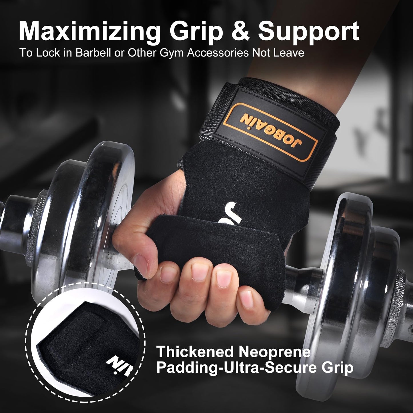 JOBGAIN Weight Lifting Wrist Straps, Double Layer Leather Wrist Strap for Deadlift and Powerlifting, Adjustable Neoprene Padded Wrist Wraps, for Men & Women, 1 Pair, Black