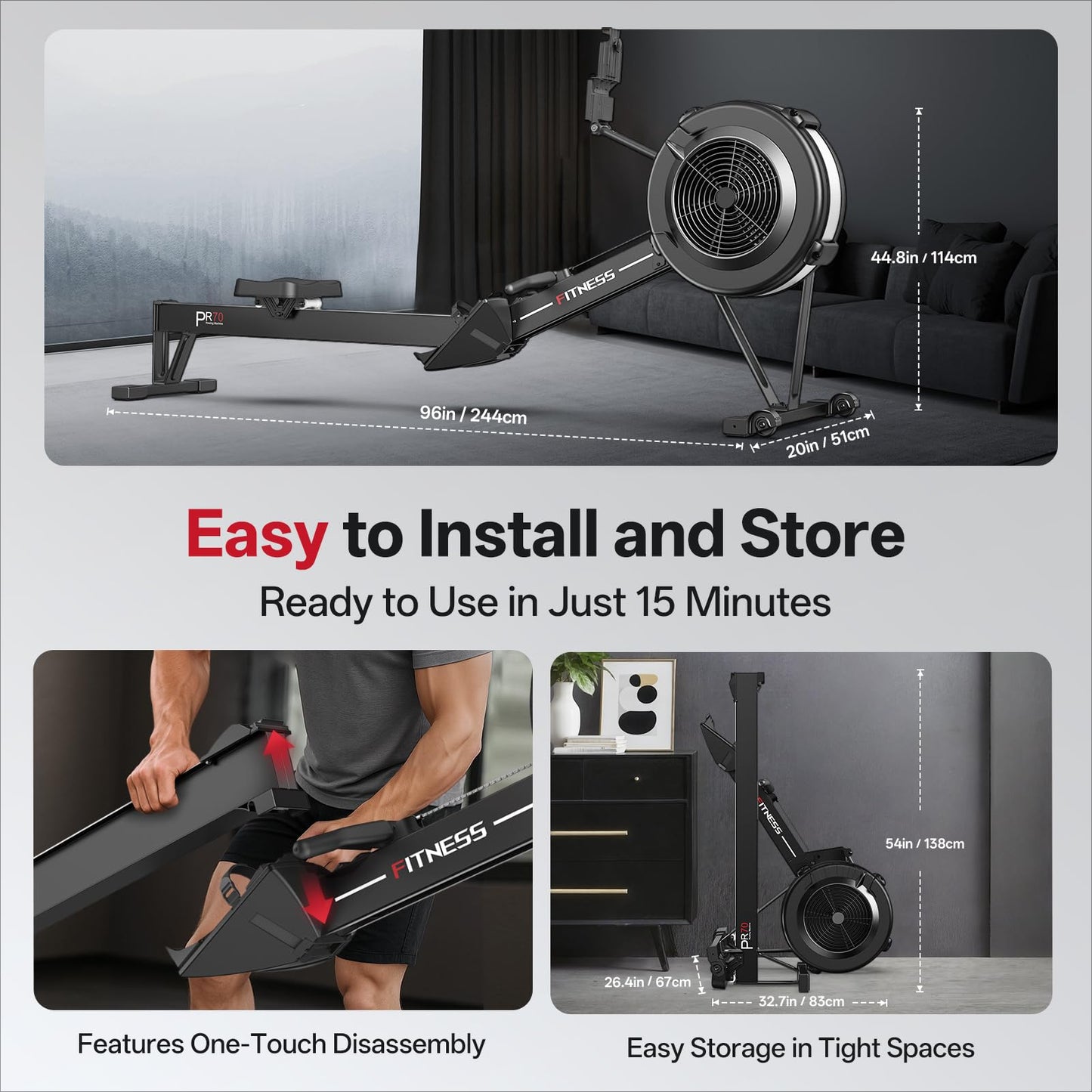 PASYOU Air Rowing Machine for Home,10-Level Resistance 350lbs Rower Machine, Foldable Row Machines Commercial with 54in Rail and Bluetooth Monitor, Adjustable Tablet Holder
