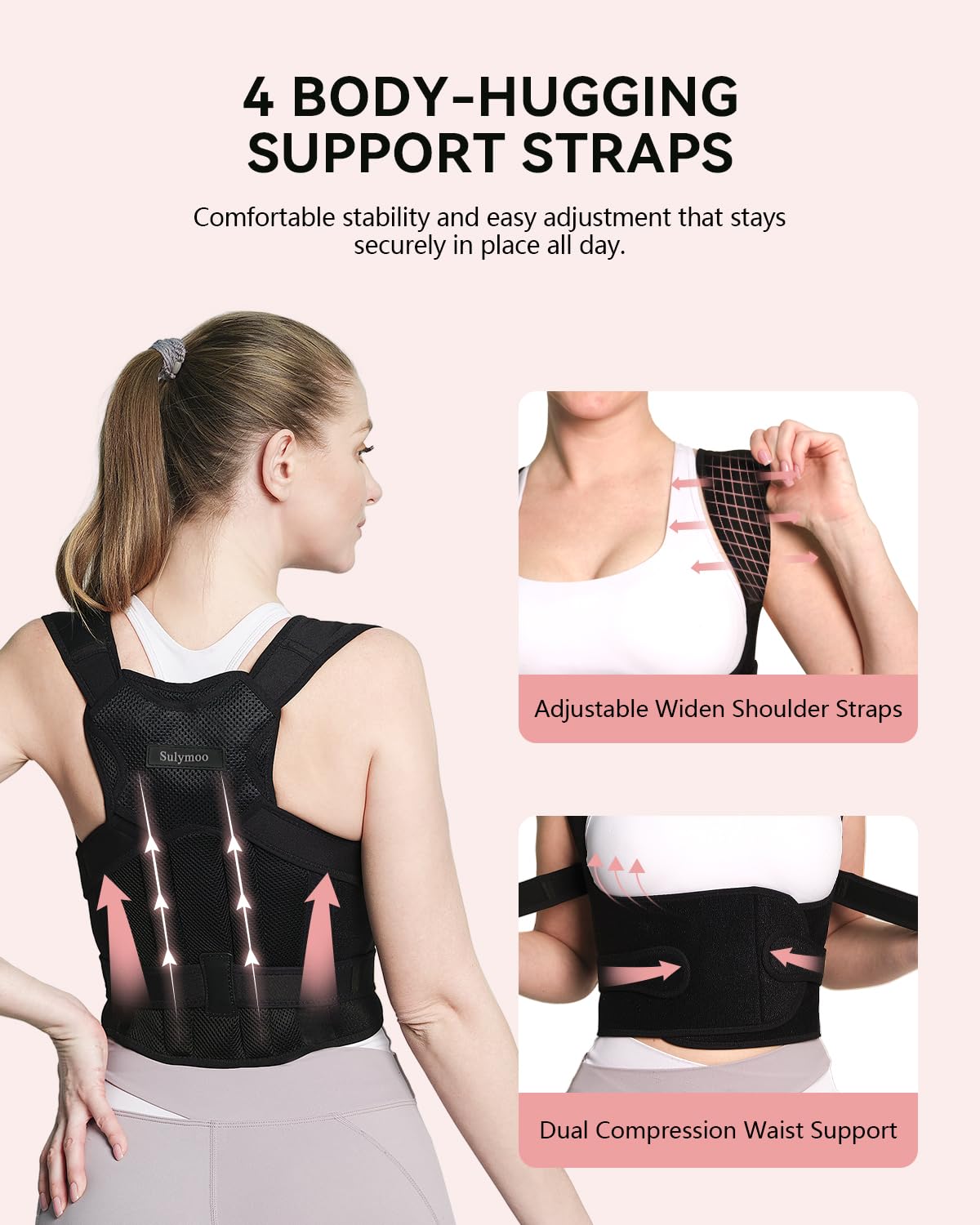 Sulymoo Posture Corrector for Women and Men, Back Brace with Shoulder Support, Adjustable Full Back Brace Straightener for Posture Improving, Relief for Upper & Lower Back, Shoulder Pain (Medium)