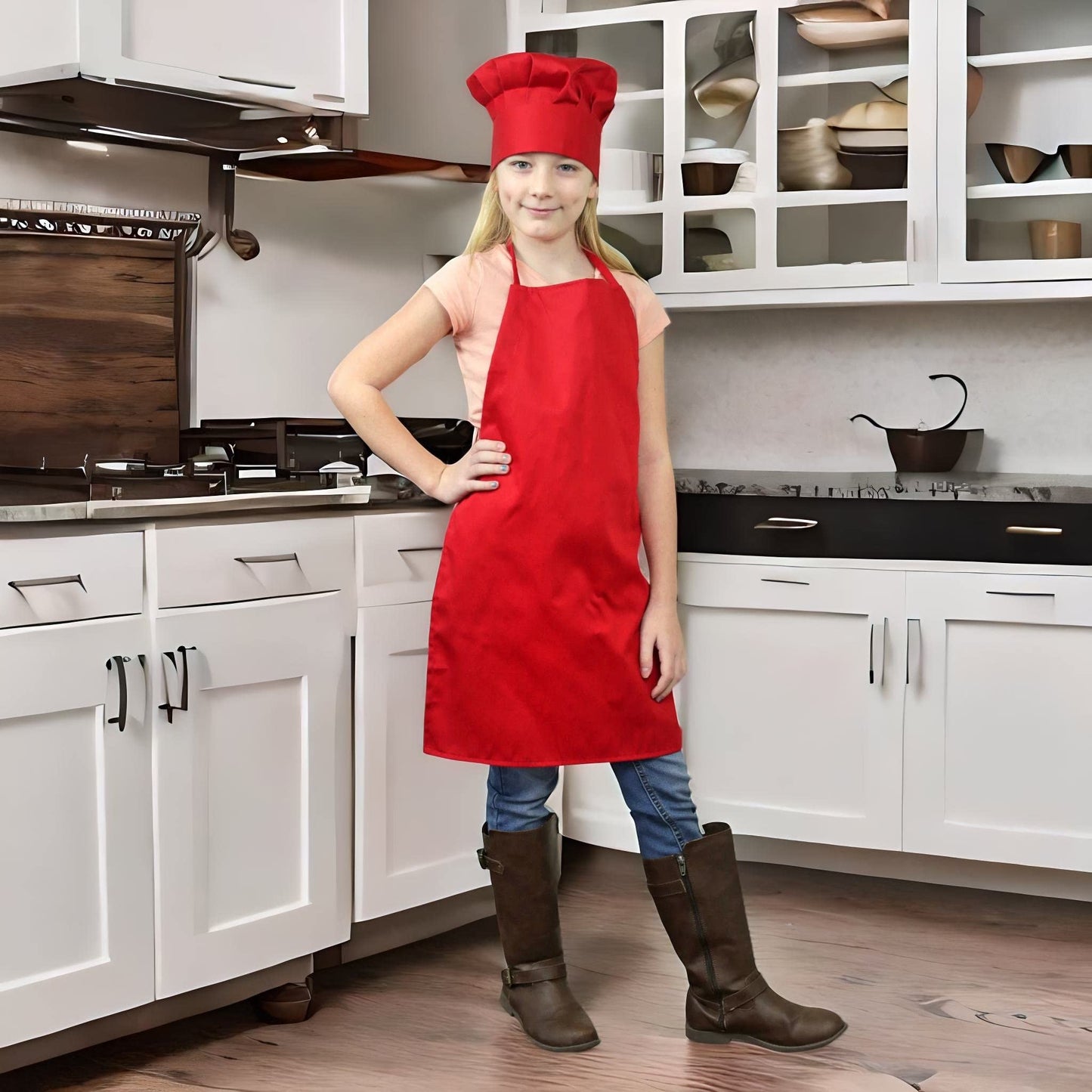 Tessa's Kitchen Club - Child's Chef Hat Apron Set, Children's Kitchen Cooking and Real Baking Wear Kit for Chefs in Training (Red, Med (6-12yr))