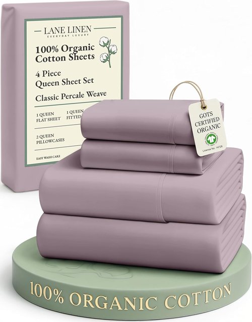 LANE LINEN Queen Size Sheet Set - 100% Organic Cotton, Breathable Percale Weave, Deep Pocket - Lilac