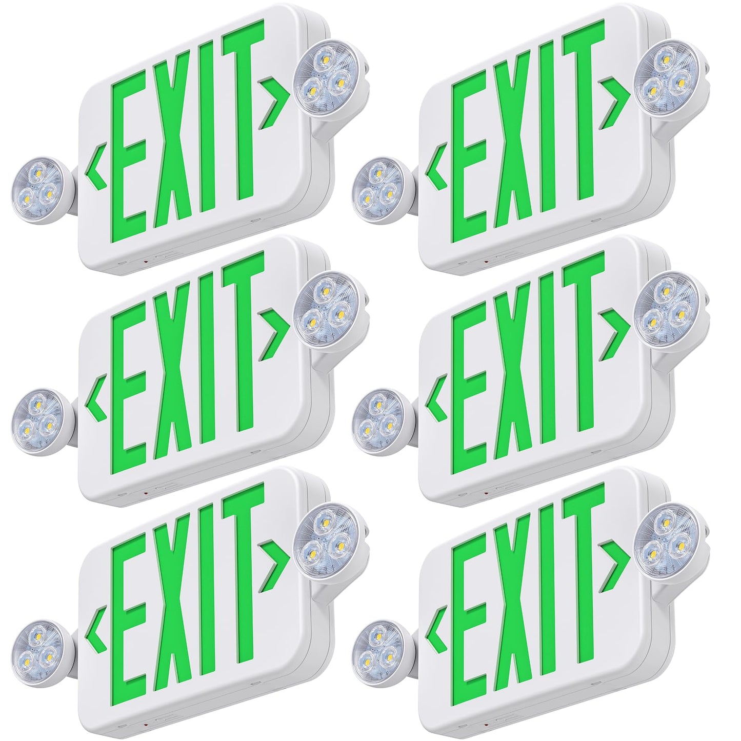 Led Exit Sign Emergency Light Combo Adjustable Two Head,Double Sided and Battery Backup Exit Light,Green Letter Hardwired Emergency Exit Sign,AC 120/277V,UL Listed,Ceiling&Wall Mount (6 Pack)