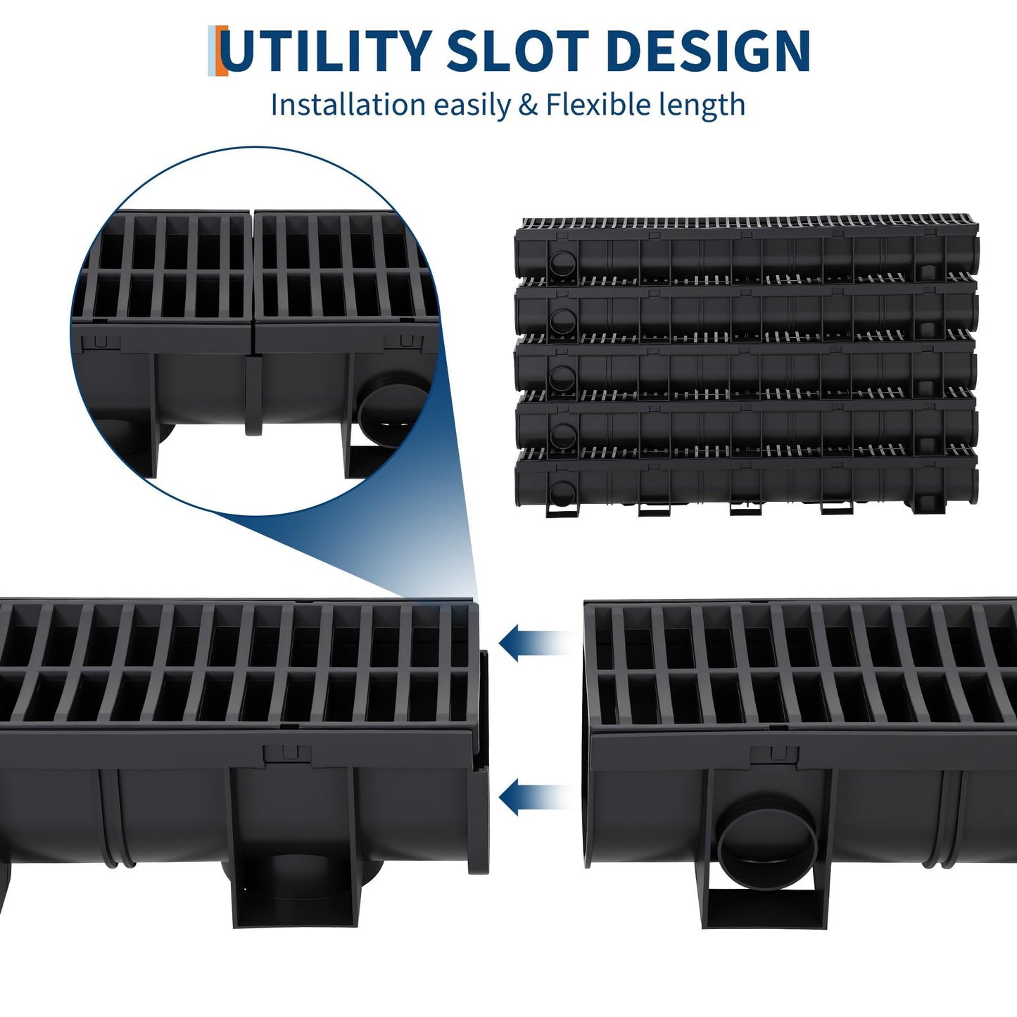 GarveeHome 5-Pack HDPE Trench Drain System, 5.9" w x 5.1" h Driveway Drainage Channel with Plastic Grates & End Caps, Heavy Duty for Patio, Garage, Yard & Pool Deck - Black 39.4" l