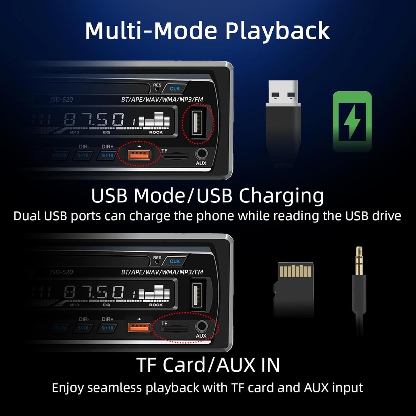 Auroky JSD-530 FM/MP3/TF/AUX/EQ, Single DIN Car Stereo Bluetooth Audio Player Handsfree Radio Receiver Dual USB Ports