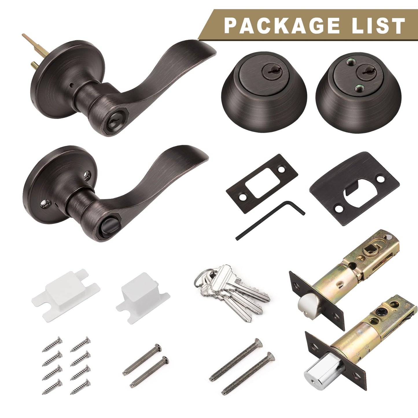 Brotima 2 Pack Keyed Alike Entry Door Lock Set, Double Cylinder Deadbolt with Wave Style Lever Door Handle, Oil Rubbed Bronze Wave Style Heavy Duty Door Lever Set for Bedroom,Exterior Doors
