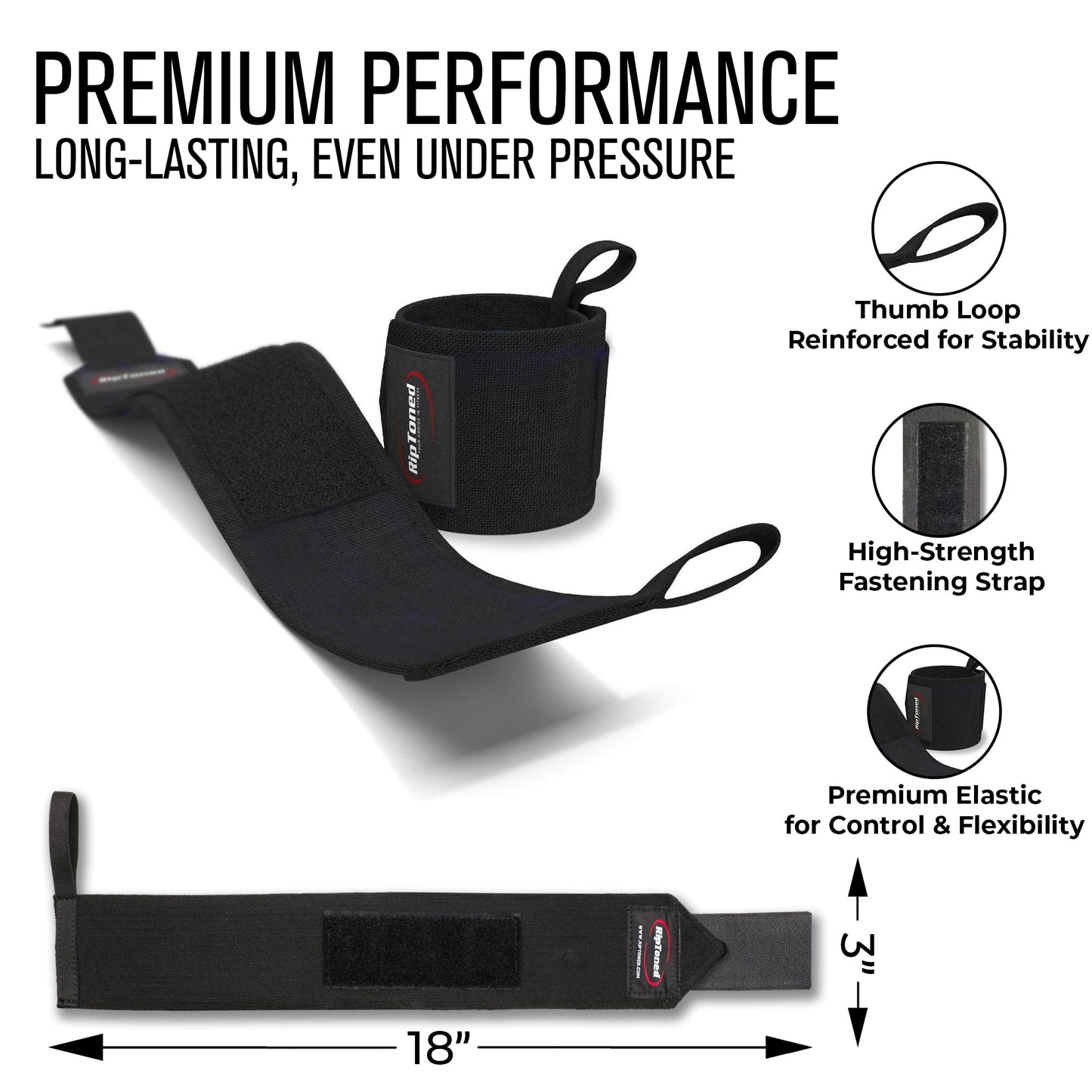Rip Toned Wrist Wraps for Weightlifting – USPA & USAPL Approved 18" Wrist Straps for Powerlifting – Adjustable, Durable Gym Wraps with Thumb Loop – Quality Support for Men & Women – Black Stiff