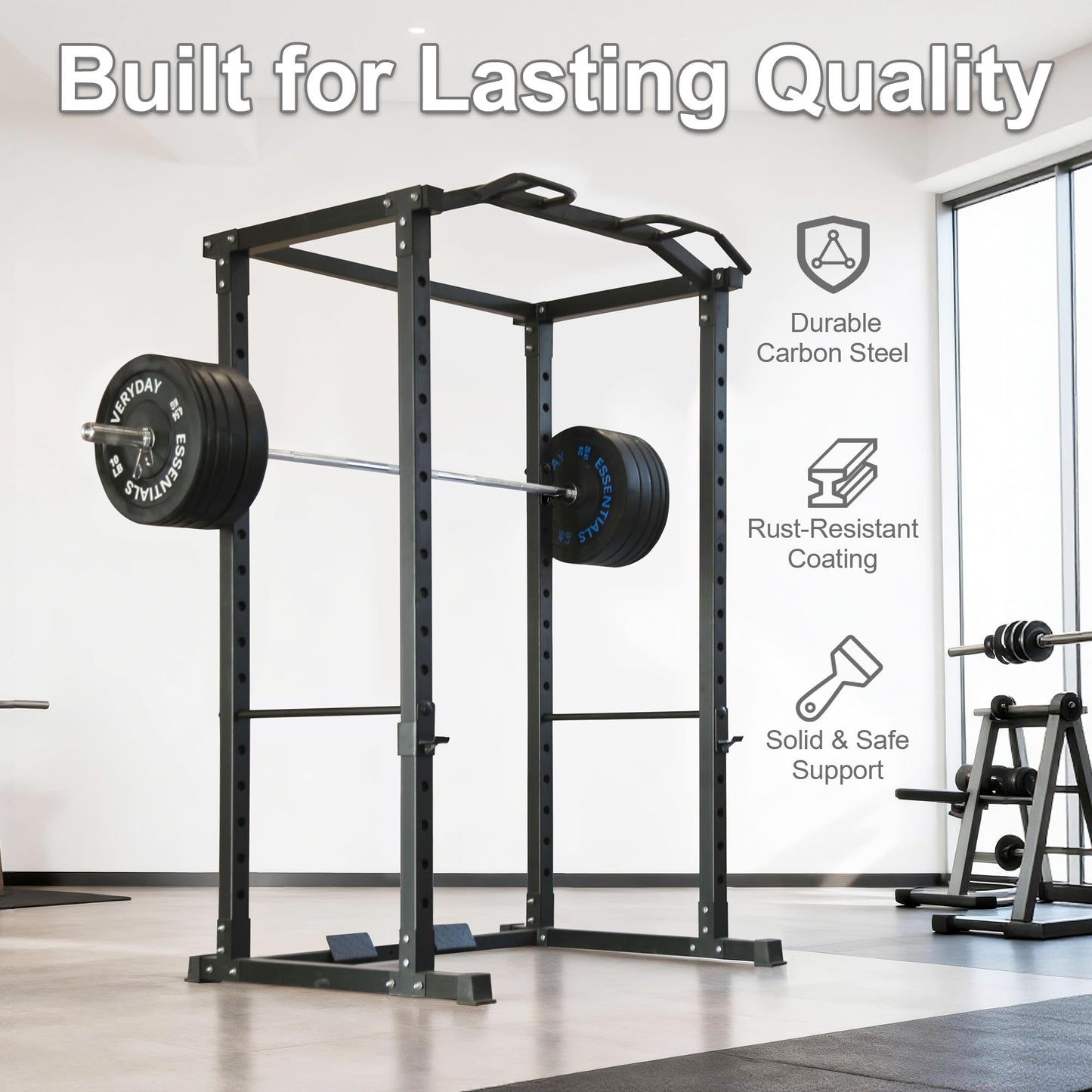Fitvids 1,000 Pound Capacity 2.5” x 2.5” Power Cage Squat Rack, Includes J-Hooks and Multigrip, Other Optional Accessories-Black