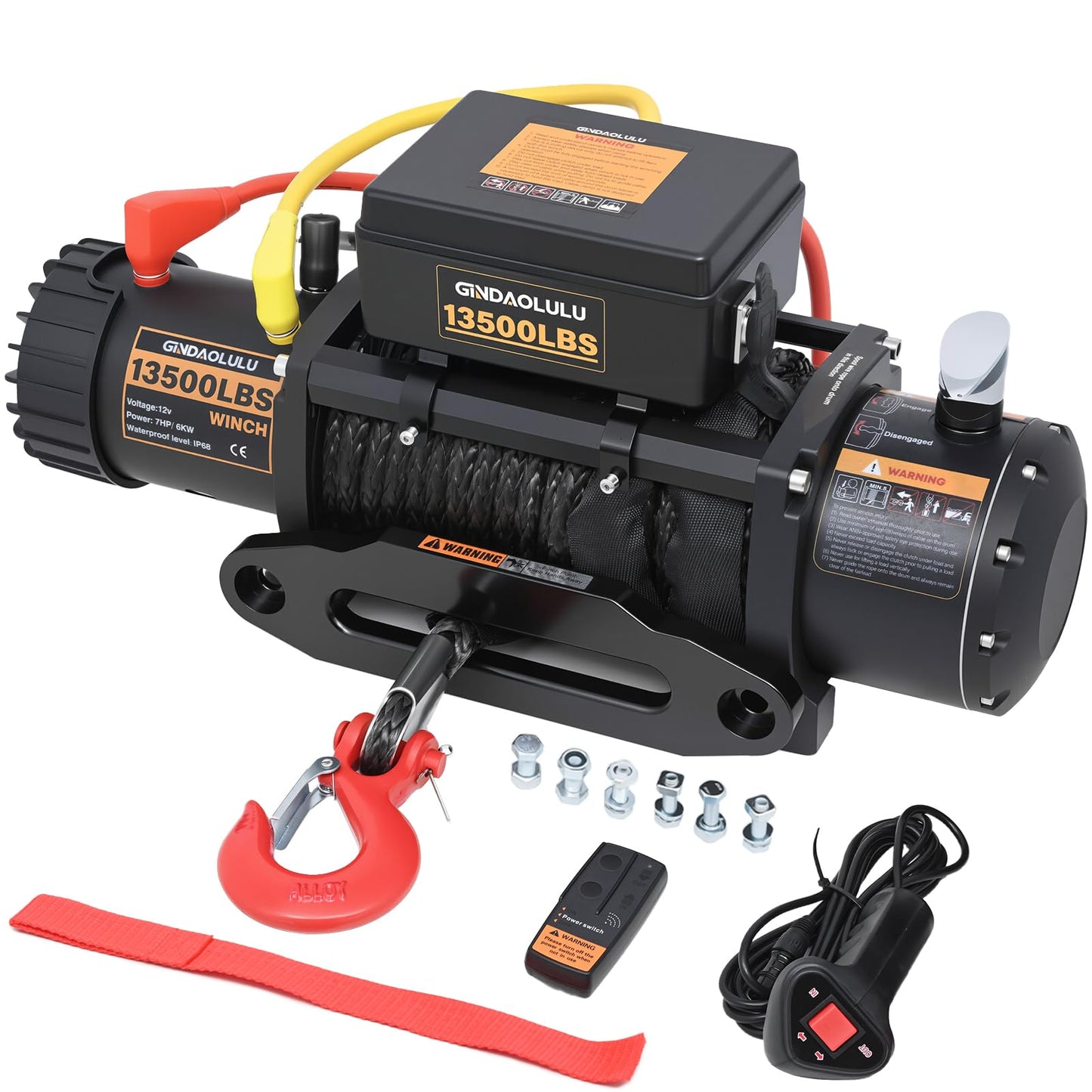 GINDAOLULU 12V Electric Winch,13500LBS Load Capacity Trailer Winches with Synthetic Rope Towing Winches for Jeep Truck SUV and More