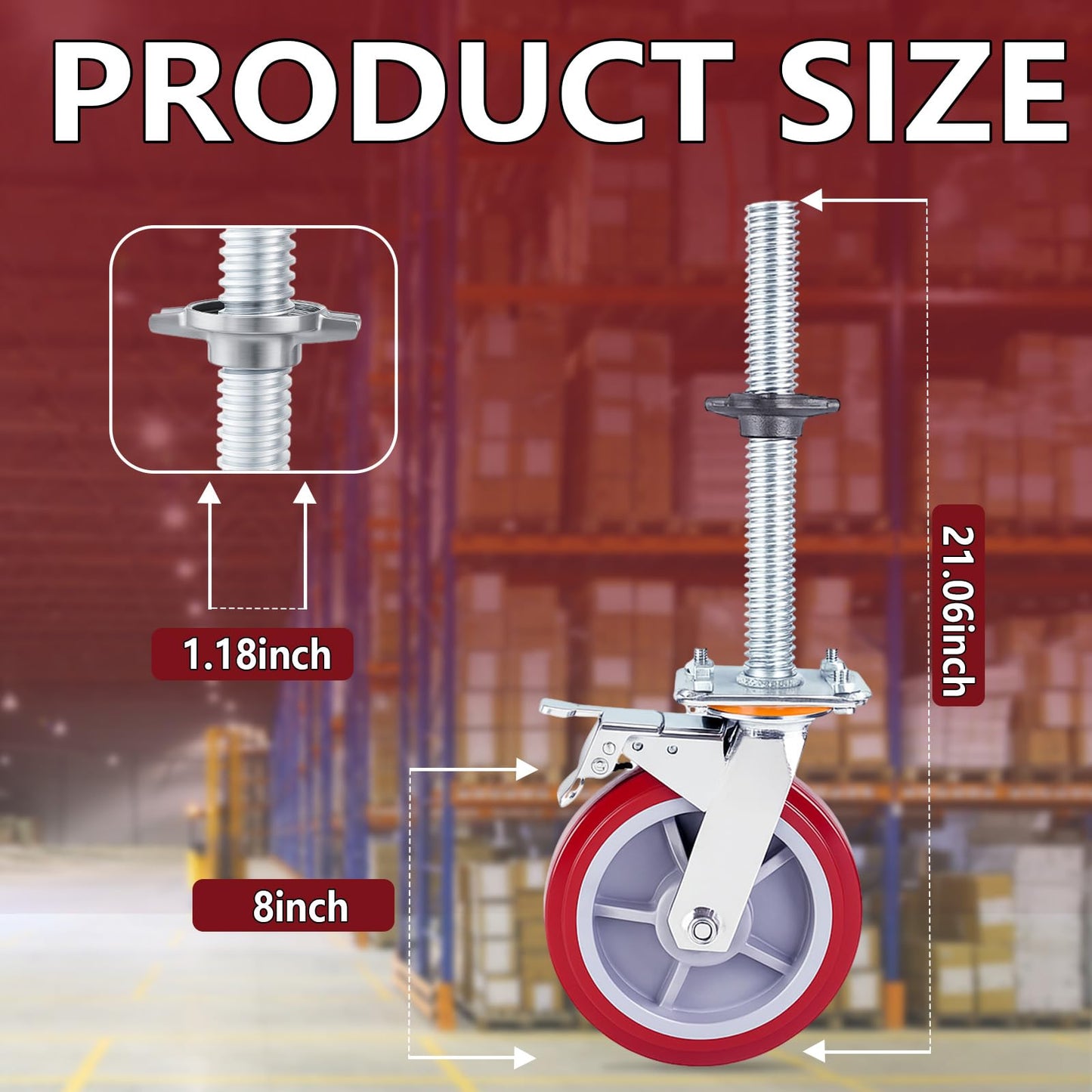 Colingmill 4 Pack 8 Inch Adjustable Leveling Scaffolding Wheels Scaffolding Caster Wheels with Brake 1-1/5" Od Scaffold Screw Swivel Casters Locking Set