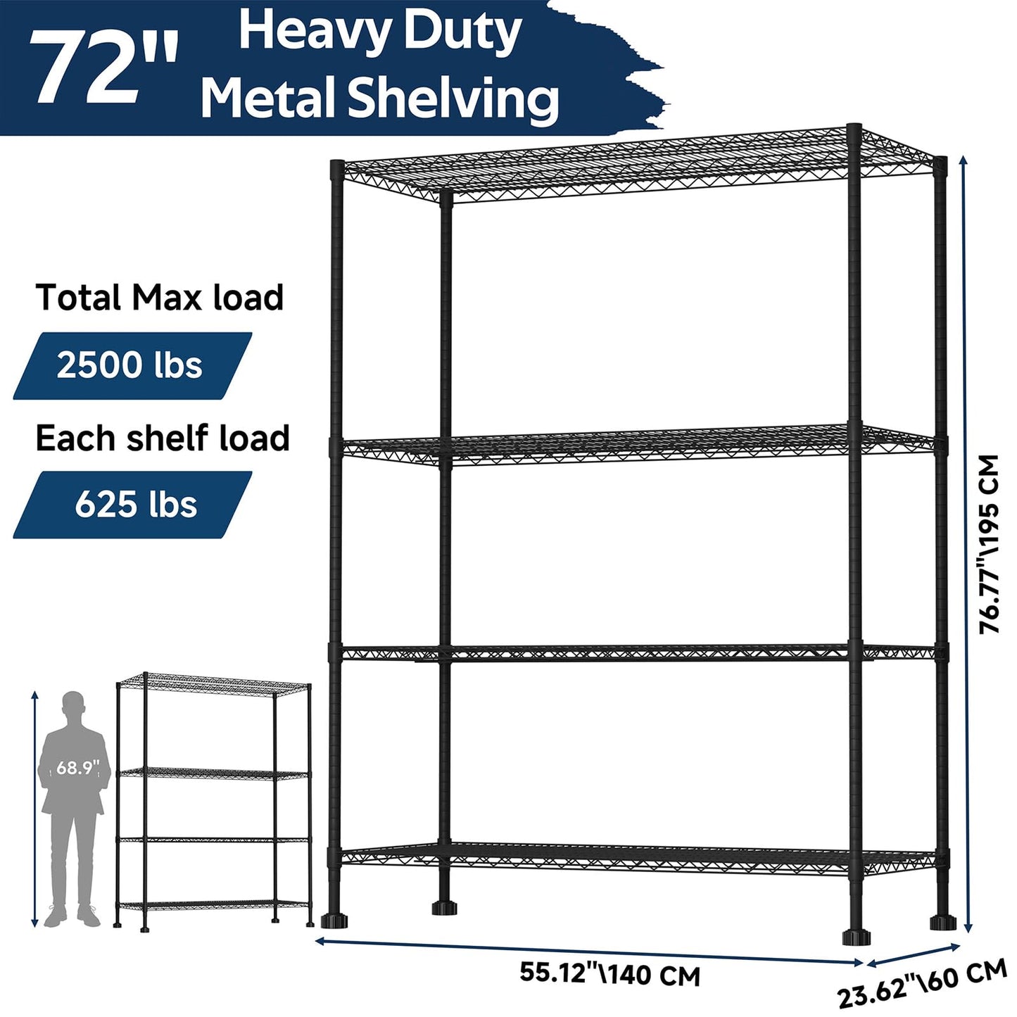Whitmor 4 Tier Storage Shelves with Wheels, Heavy Duty Metal Shelving Unit, 625 lbs Capacity per Shelf, 2500 lbs Total for Kitchen, Garage, Plant, 55" L x 24" W x 72" H, Black