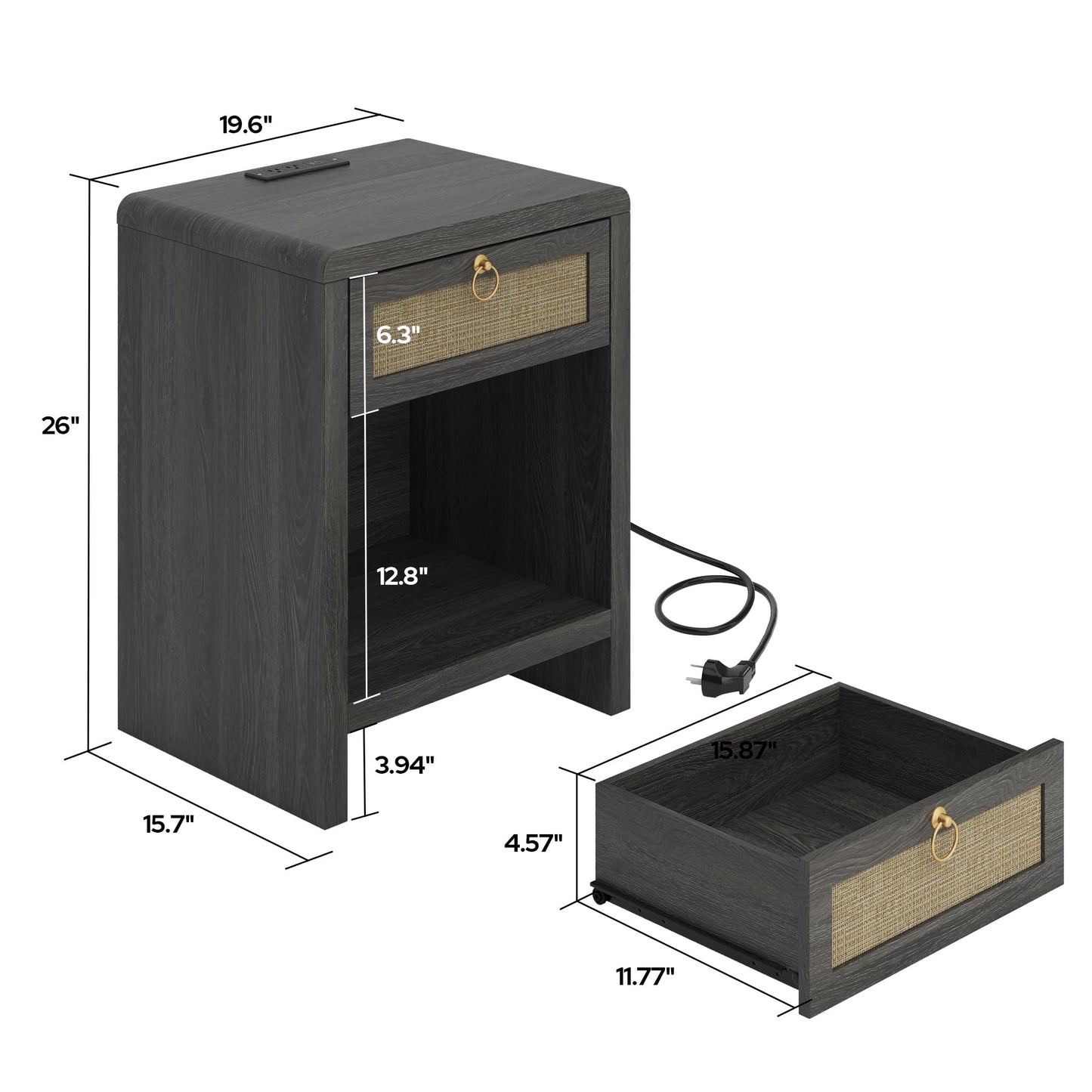 UNIQUITE Rattan Nightstand Bedside Table, Nightstand with Charging Station, Boho End Table with Drawer and Storage Shelf, Wood End Table Night Stand for Bedroom, Small Space, Grey Oak