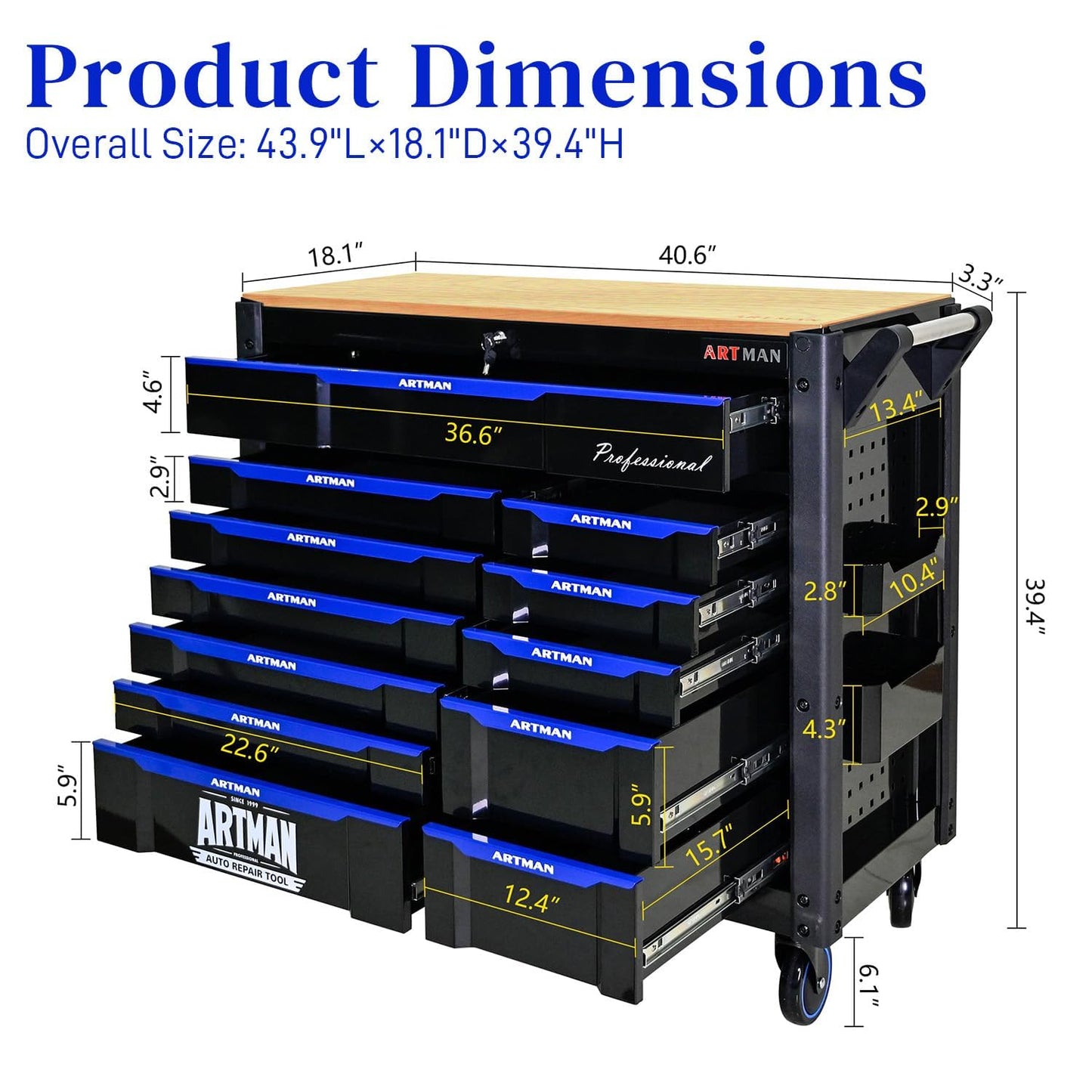 Heavy Duty Rolling Tool Chest with 12-Drawer Tool Cart Mechanic Tool Box with Wheels Tool Storage Cabinet Mobile Workbench Tool Bench for Garage, Workshop, Warehouse, Repair Shop, Wood Top