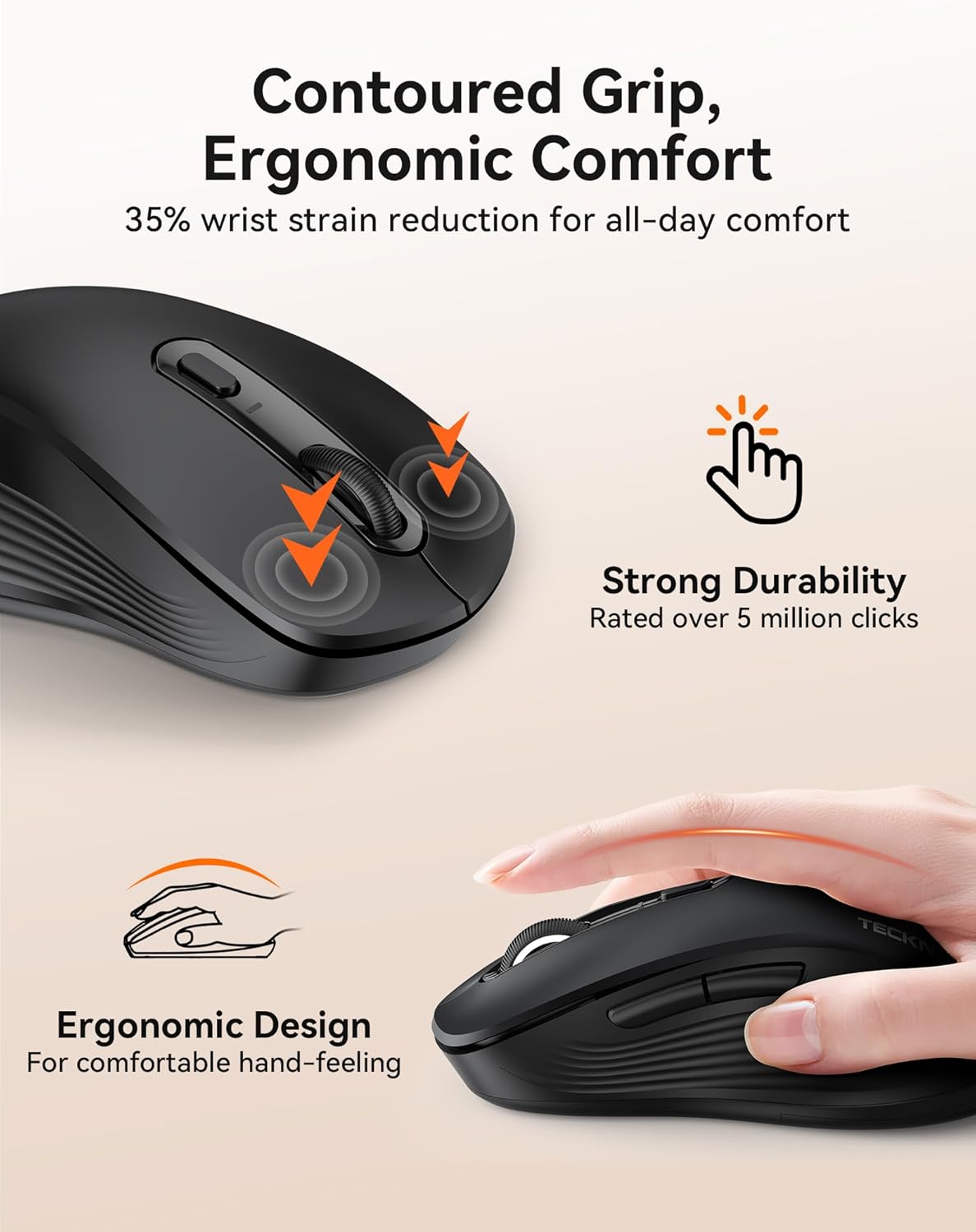 TECKNET BT1 BT2 4800 Bluetooth Mouse, [ USB + + ] Wireless Mouse for Laptop, Silent Click, Ergonomic Design, DPI