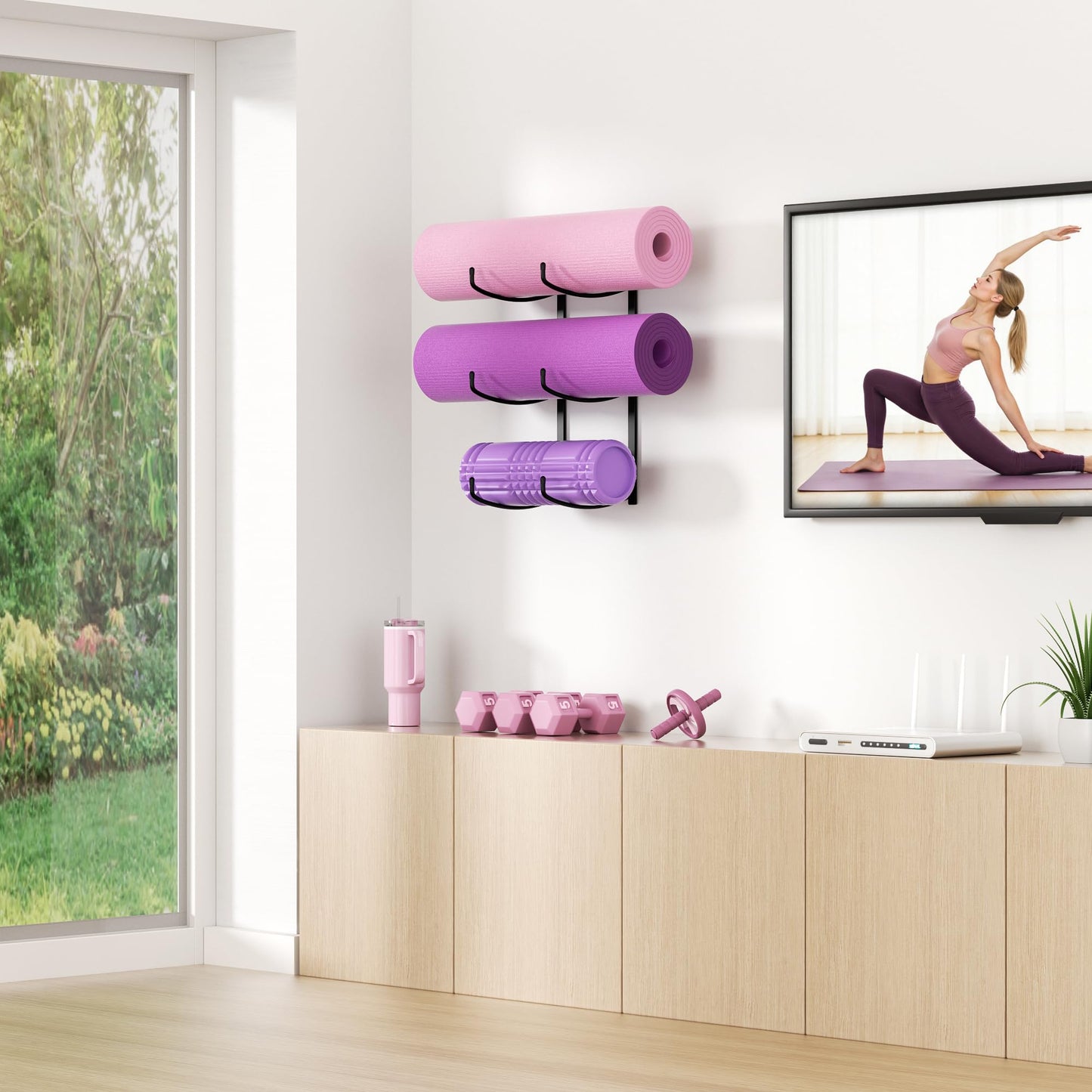 Josmimic Yoga Mat Holder Wall Mount, 3-Tier Storage Rack for Yoga Mat, Foam Roller, Block, Yoga Accessories, Wall Organizer for Home Gym, Gym, Workout Room, Metal, Black