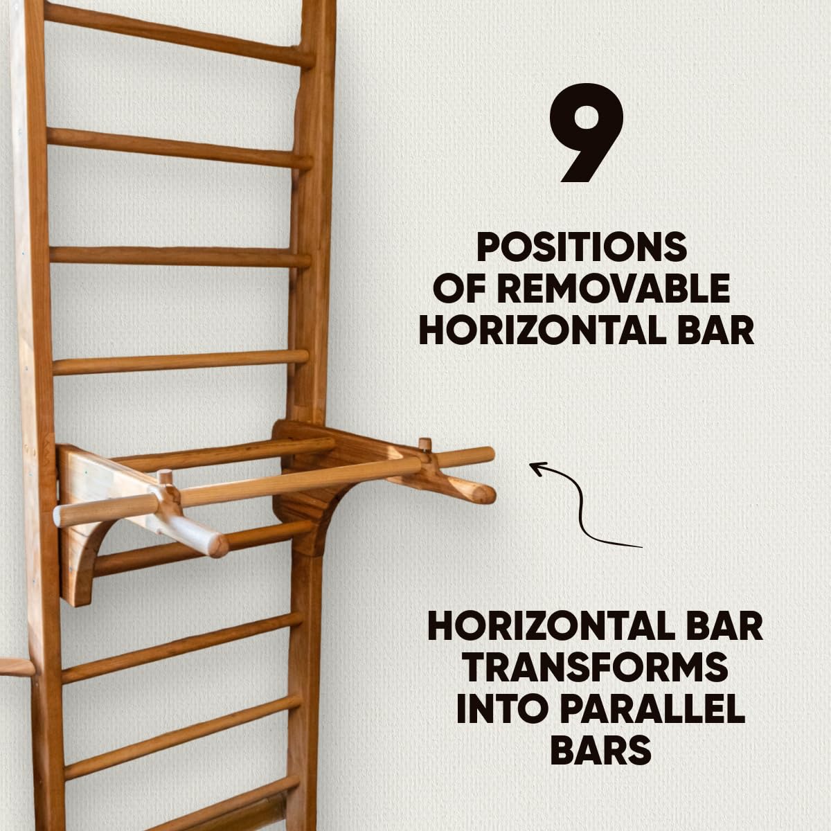 Swedish Ladder Wall Stall Bars for Kids and Adults, made of Solid Beech Wood, Withstands Loads up to 880 lbs, with Removable Pull-Up Bar, Dip Bar, Gymnastics and Exercise Indore Gym