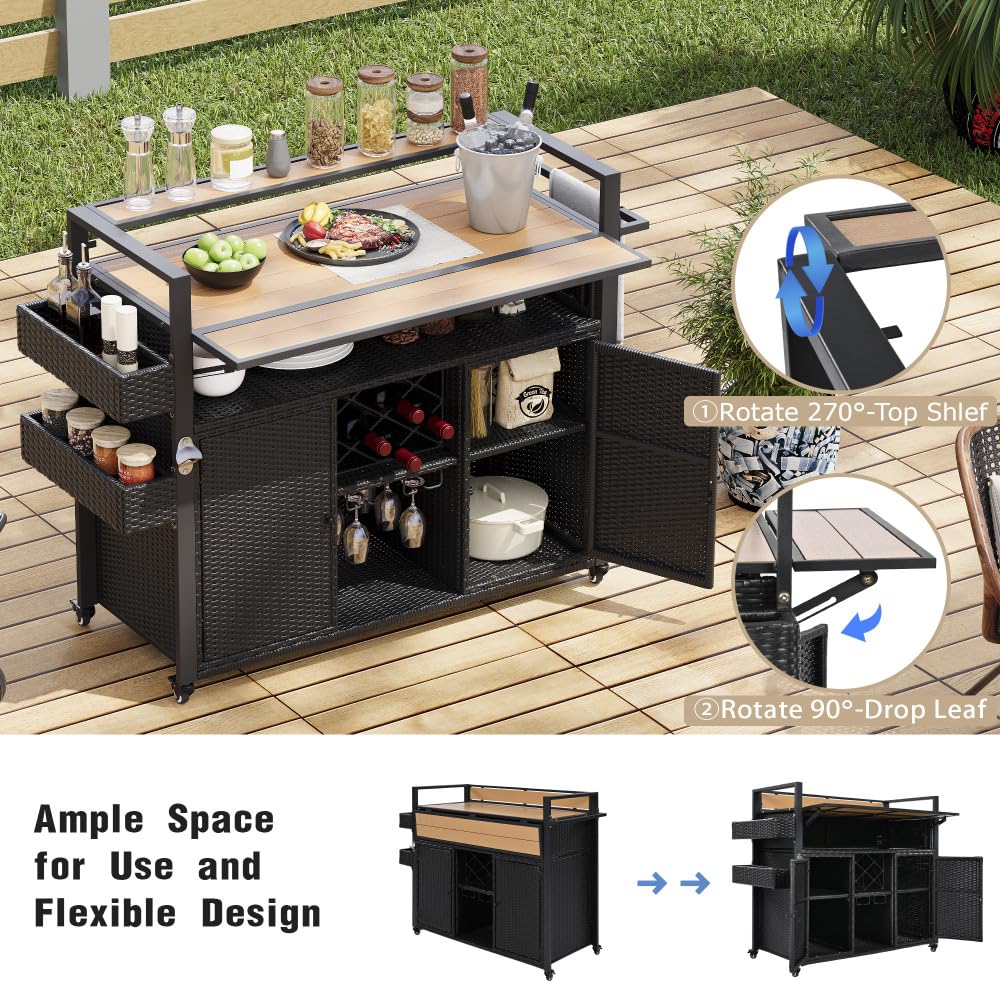 Dfchlda 52.8" Wicker Outdoor Grill Cart with Extended Plastic Wood Table Top, Rolling Kitchen Island with Storage Cabinet, Double Handle Design for Patio, Backyard, Garden, Poolside(Black Brown)