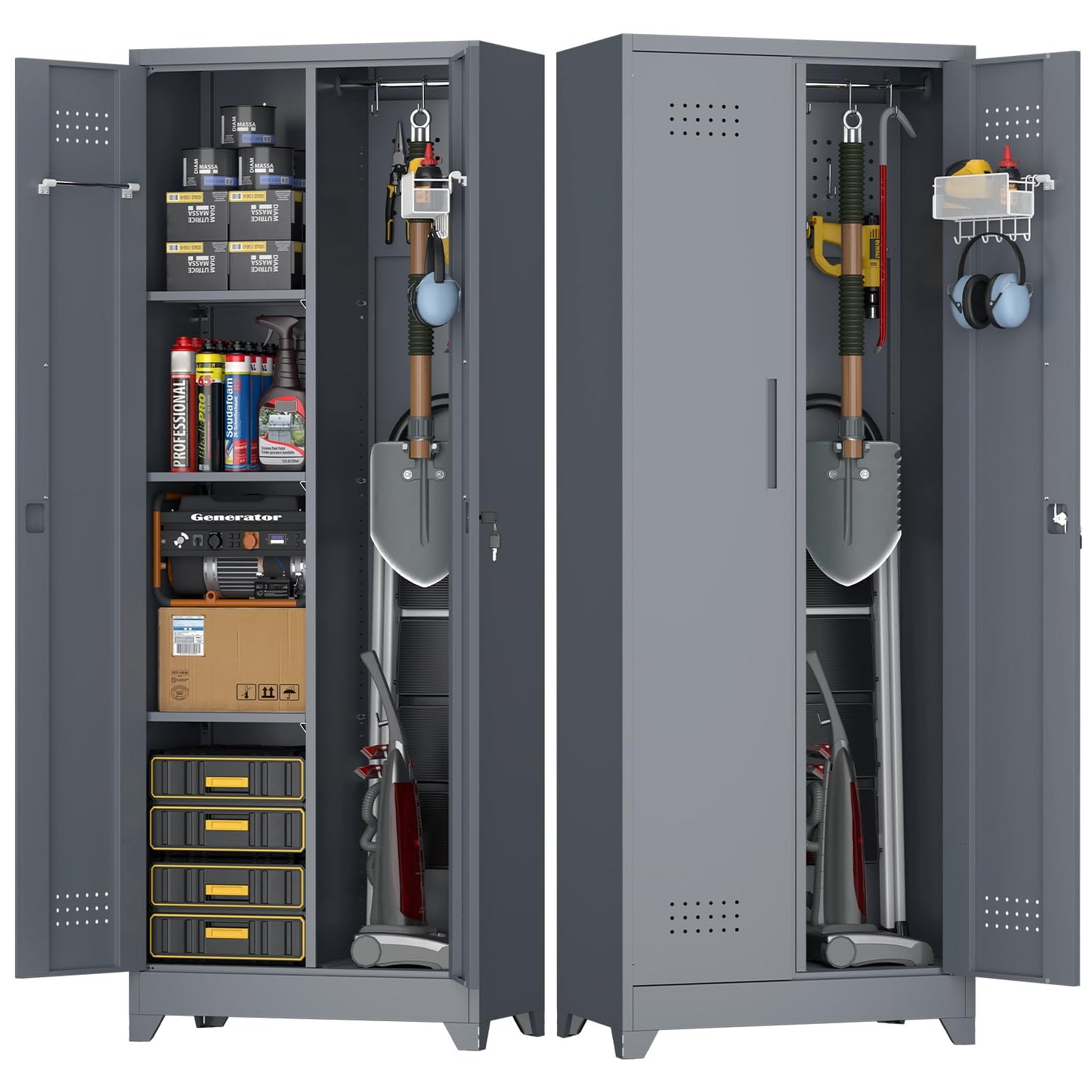 STEELIST Broom Closet Storage Cabinet, Steel Locking Cabinet with Hanging Rod, 65" Cleaning Storage with Doors and Hooks, Tall Broom Tool Cabinets for Office, Garage