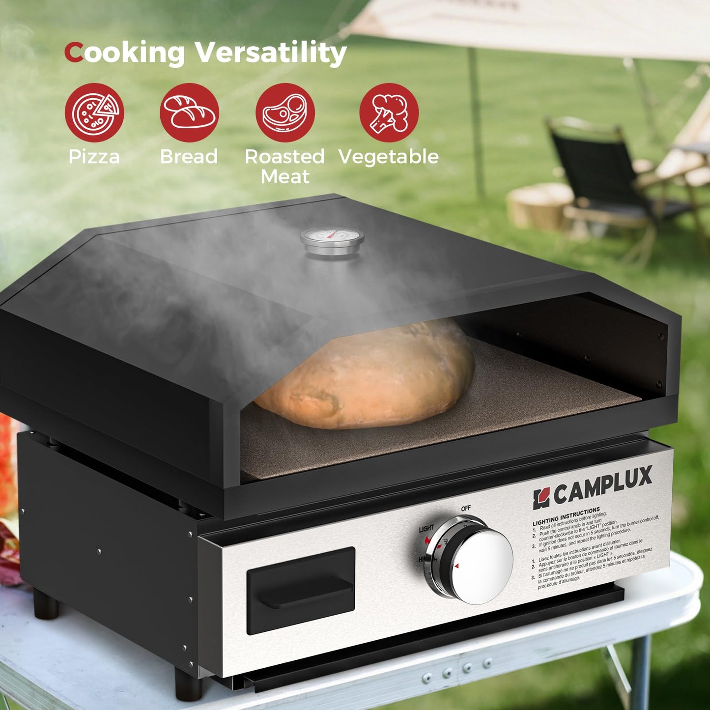 CAMPLUX 17 Inches Pizza Oven for Grill with Storage Bag and 14.8"×13" Cordierite Stone, Grill Top Pizza Oven Built-in Thermometer, Compatible with Propane & Charcoal Grill for Crispy Homemade Pizza