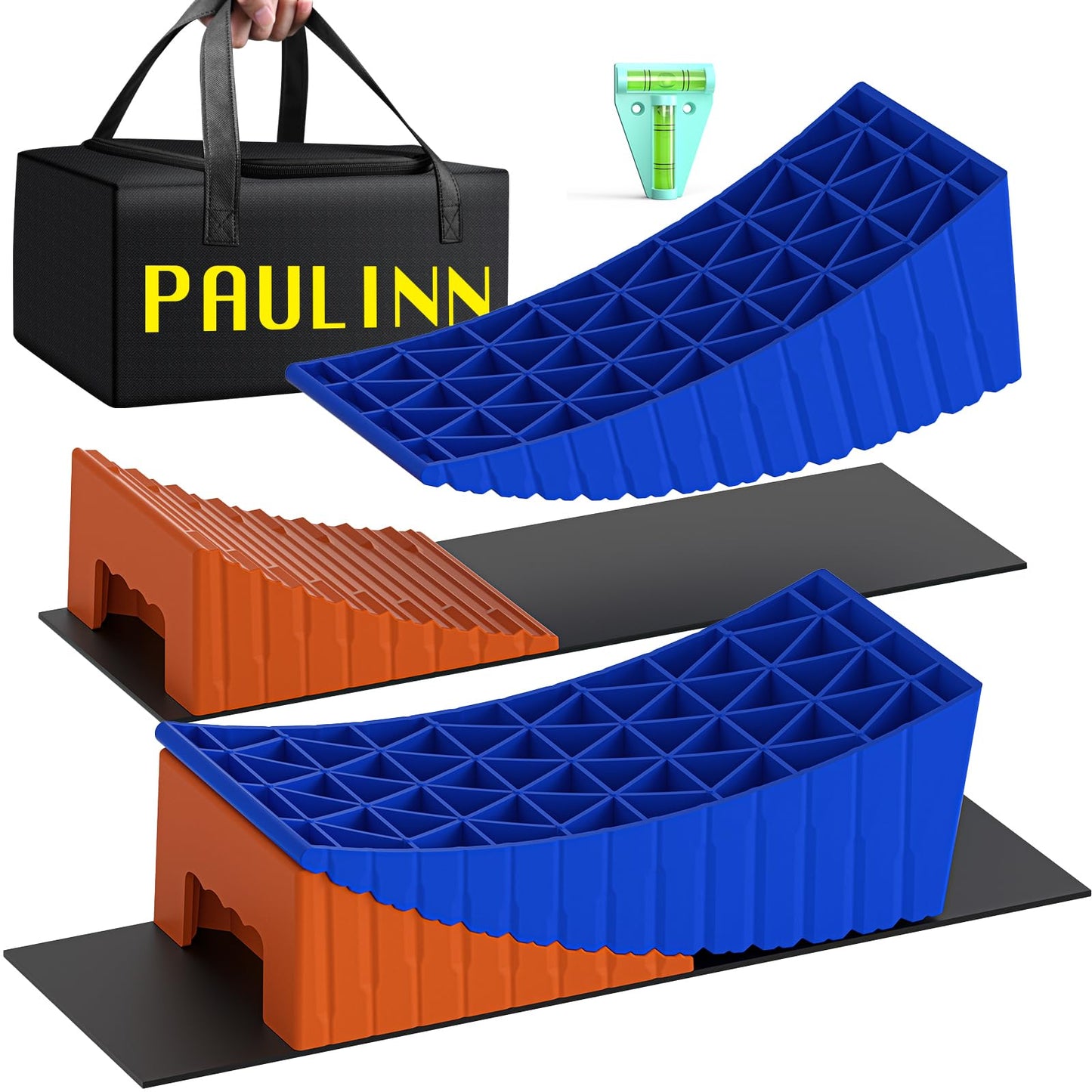 PAULINN RV Camper Levelers, 2 Packs RV Leveling Blocks Heavy Duty & Upgraded Up to 35,000 lbs, Curved Leveling RV Accessories with 2 Anti-Slip Mats & Carrying Bag, Faster & Easier to Level