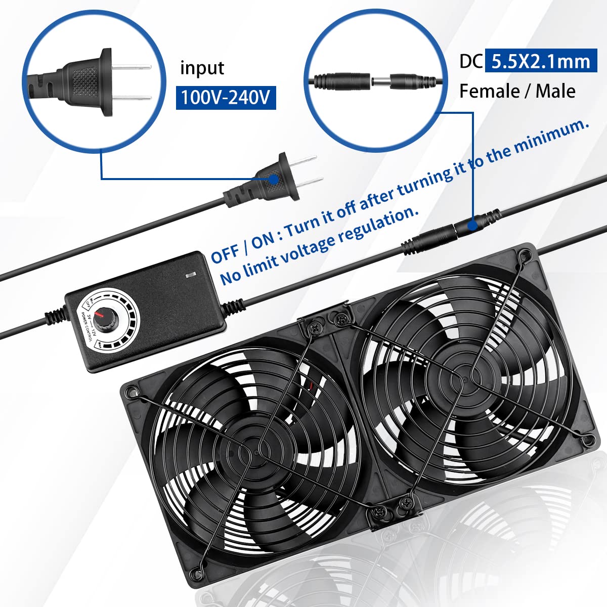 2 120mm 110V-240V Server Cooling x Big Airflow Computer Fan with AC Variable Speed Controller for Chassis PC Cabinets
