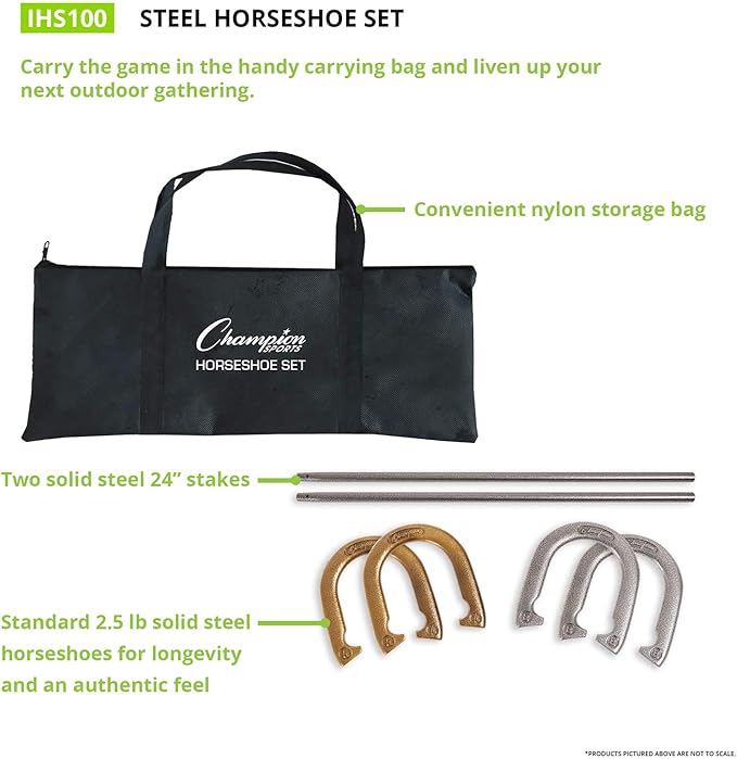 Champion Sports Horseshoe Set: Traditional Outdoor Lawn Game includes Four Professional Solid Steel Horseshoes with Solid Steel Stakes & Carrying Storage Case