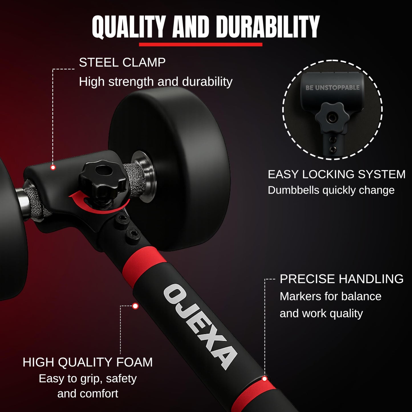 OJEXA Dumbbells to Barbell Converter Set, Adjustable Weights, 200 lb Capacity, Steel Clamp, Home Gym