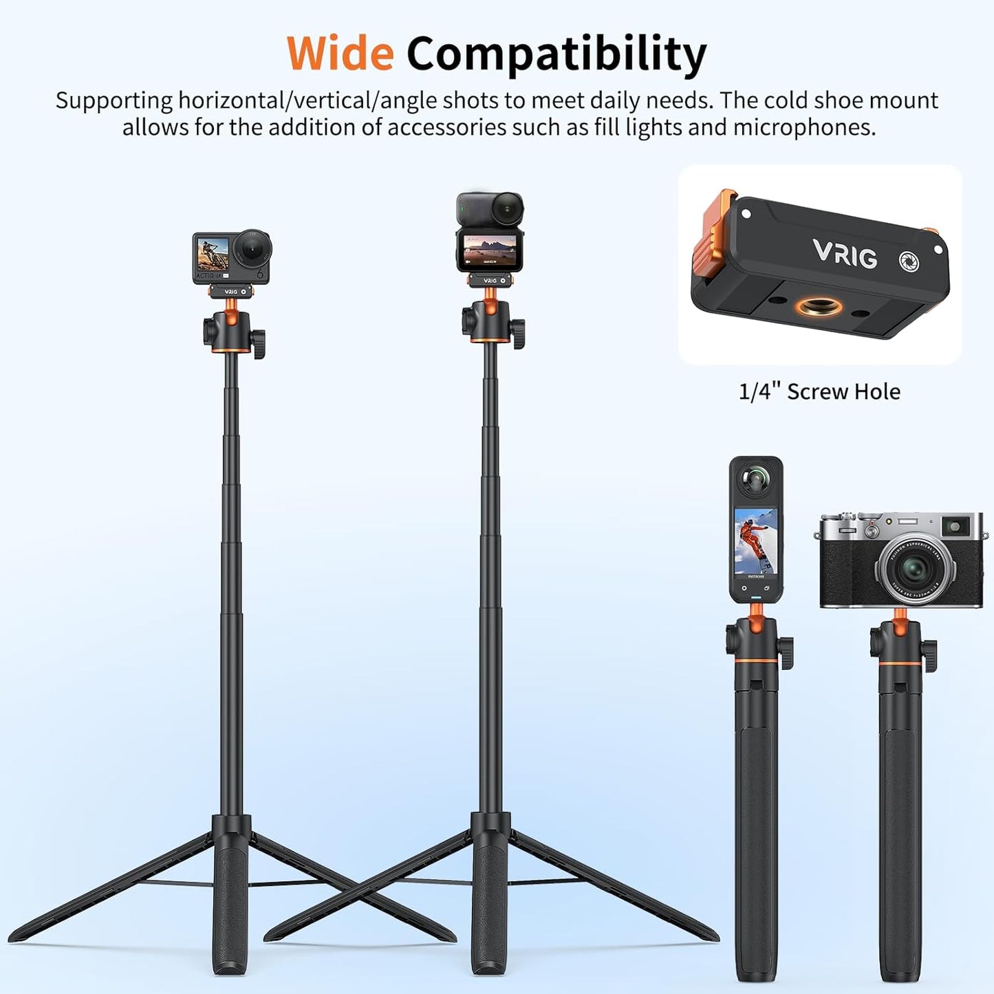 VRIG 55" 6/ 360 13 55 inches AC-71 Action Camera Selfie Stick Tripod for DJI Osmo Action Osmo Nano, Dual-Direction