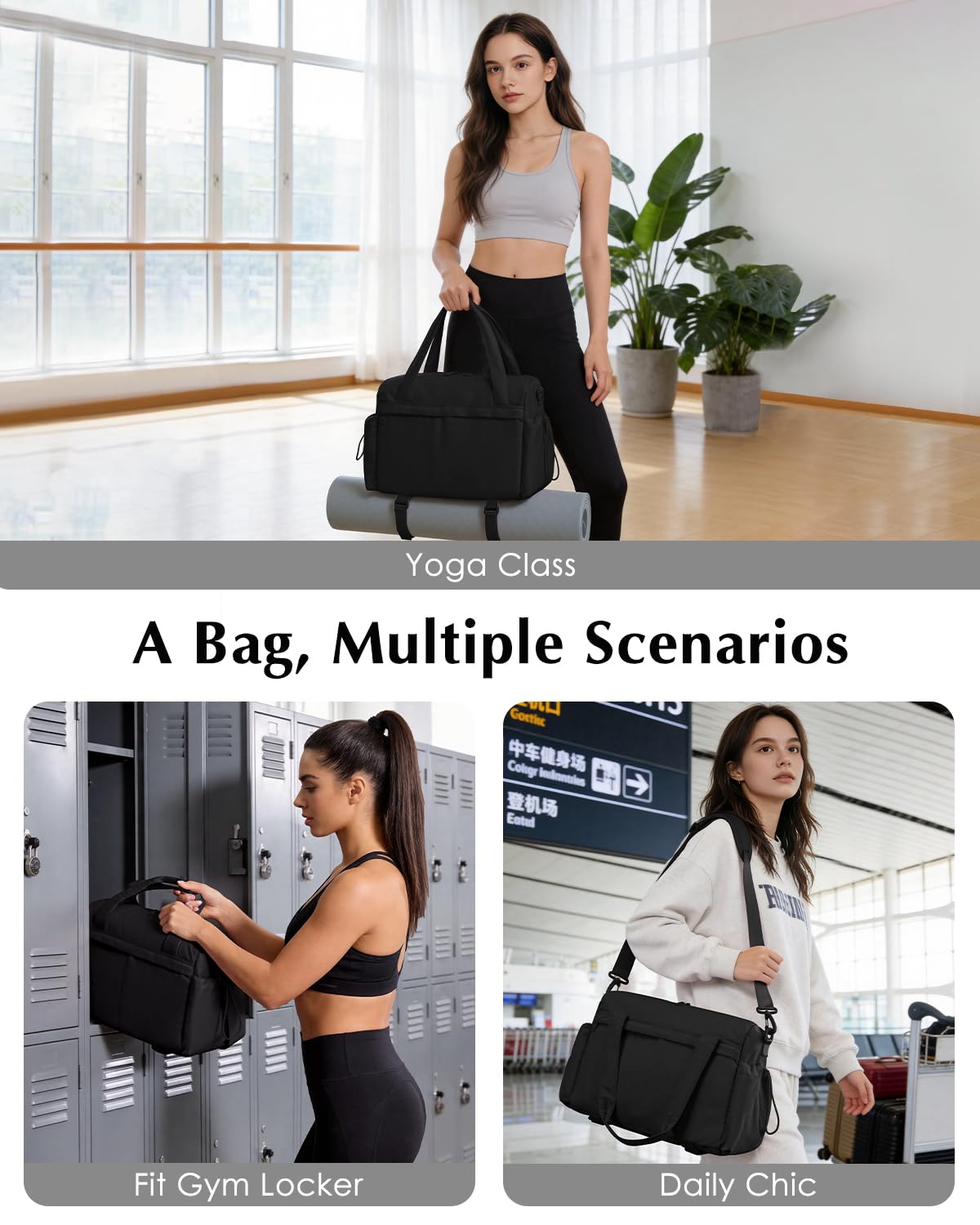 Small Gym Bag, Mini Gym Bag for Women with Yoga Mat Holder and Wet Compartment, Cute Mini Puffer Duffle Bag with Water Bottle Pocket for Workout Yoga Dance, Puffer Black