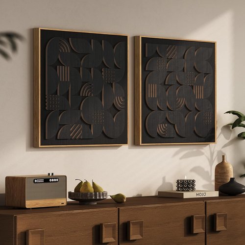 Framed 3D Black Abstract Wood Wall Art - Set of 2 Modern Geometric Paintings | Minimalist Decor 24x24 Inch