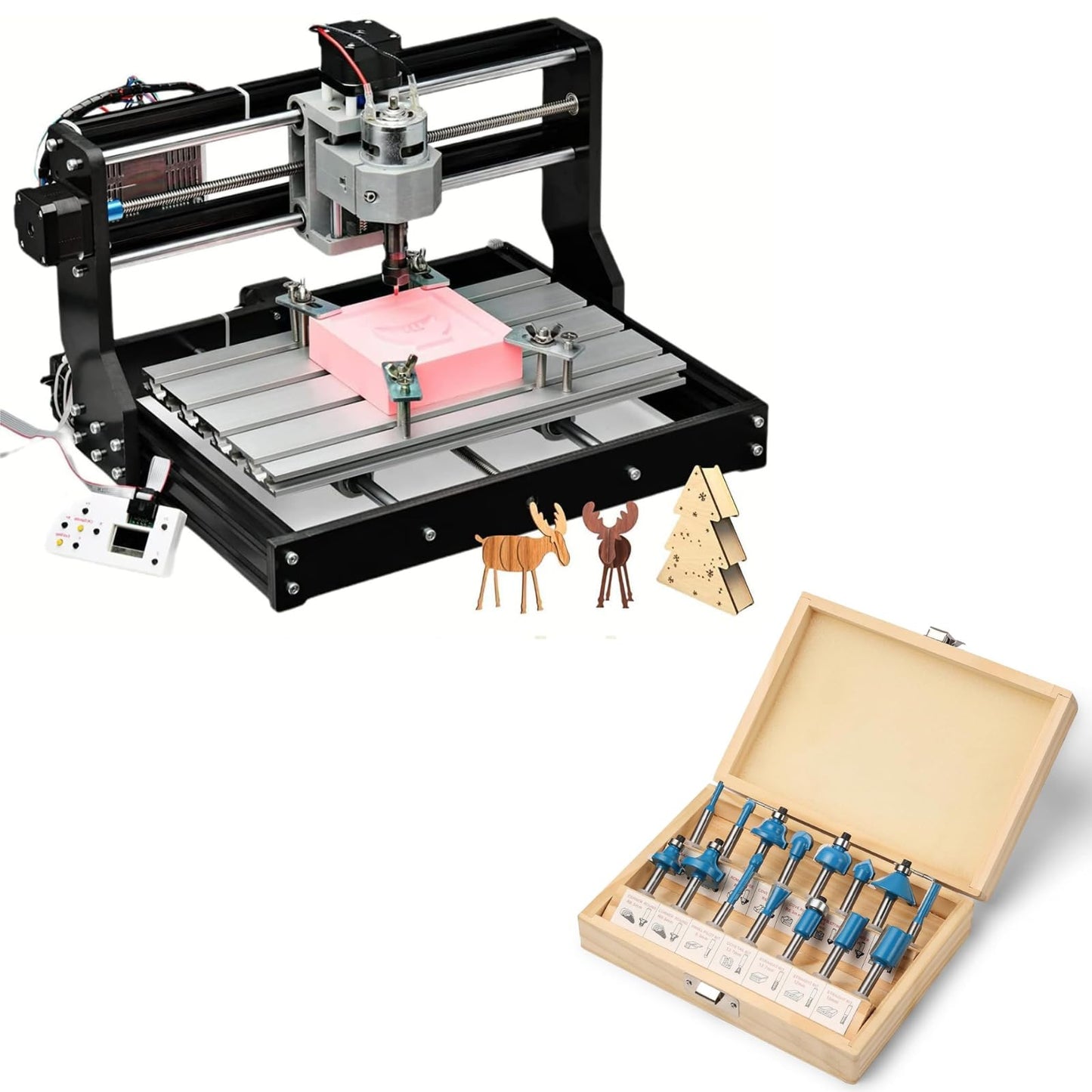 Genmitsu CNC Machine 3018-PRO Router Kit +15pcs 1/4 Inch Shank Router Bits Set with Carry Storage Case