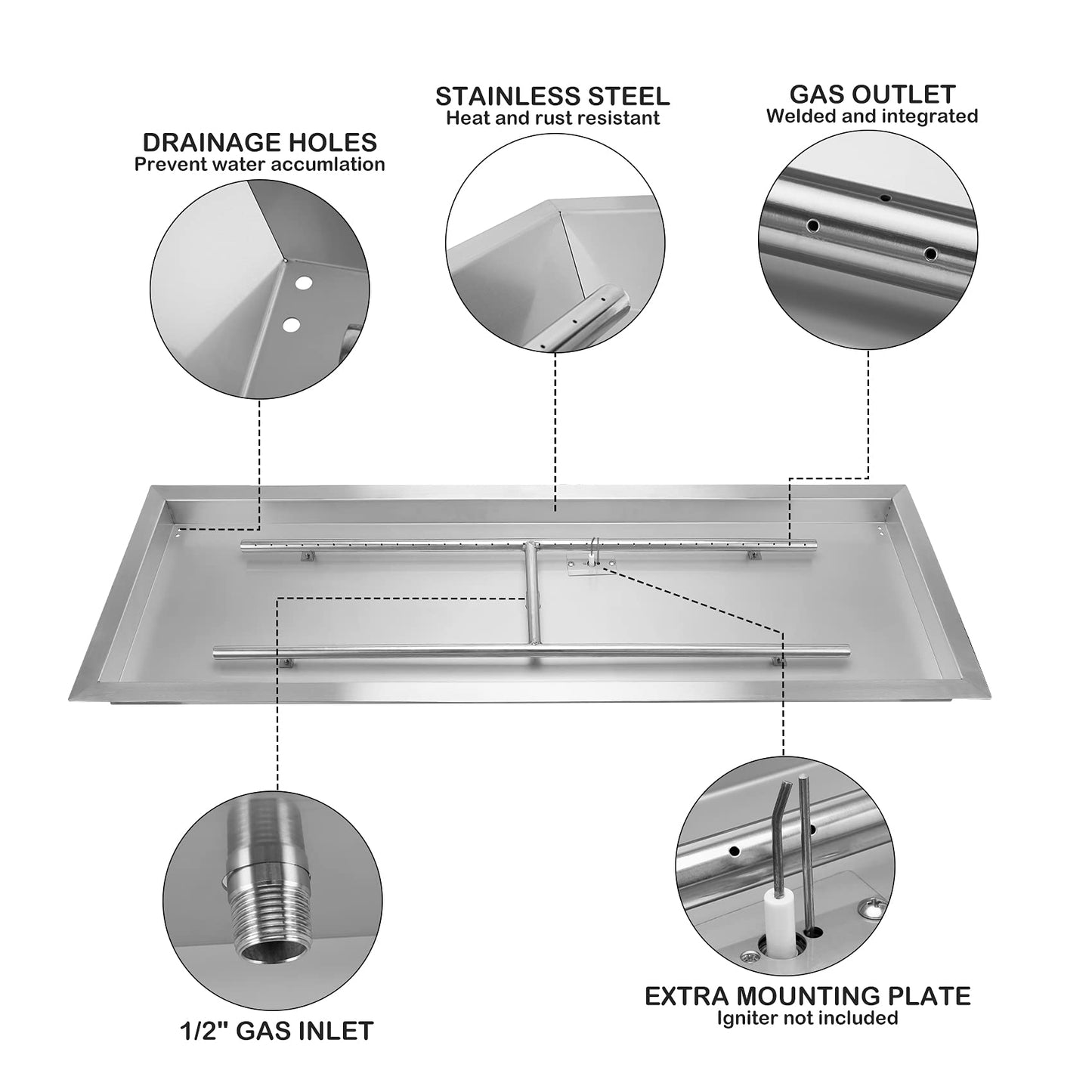 Stanbroil 36 x 12 Inch Rectangular Fire Pit Burner with Drop-in Fire Pan, Gas Firepit Insert for DIY Fire Table, 304 Stainless Steel, 150,000 BTU Max