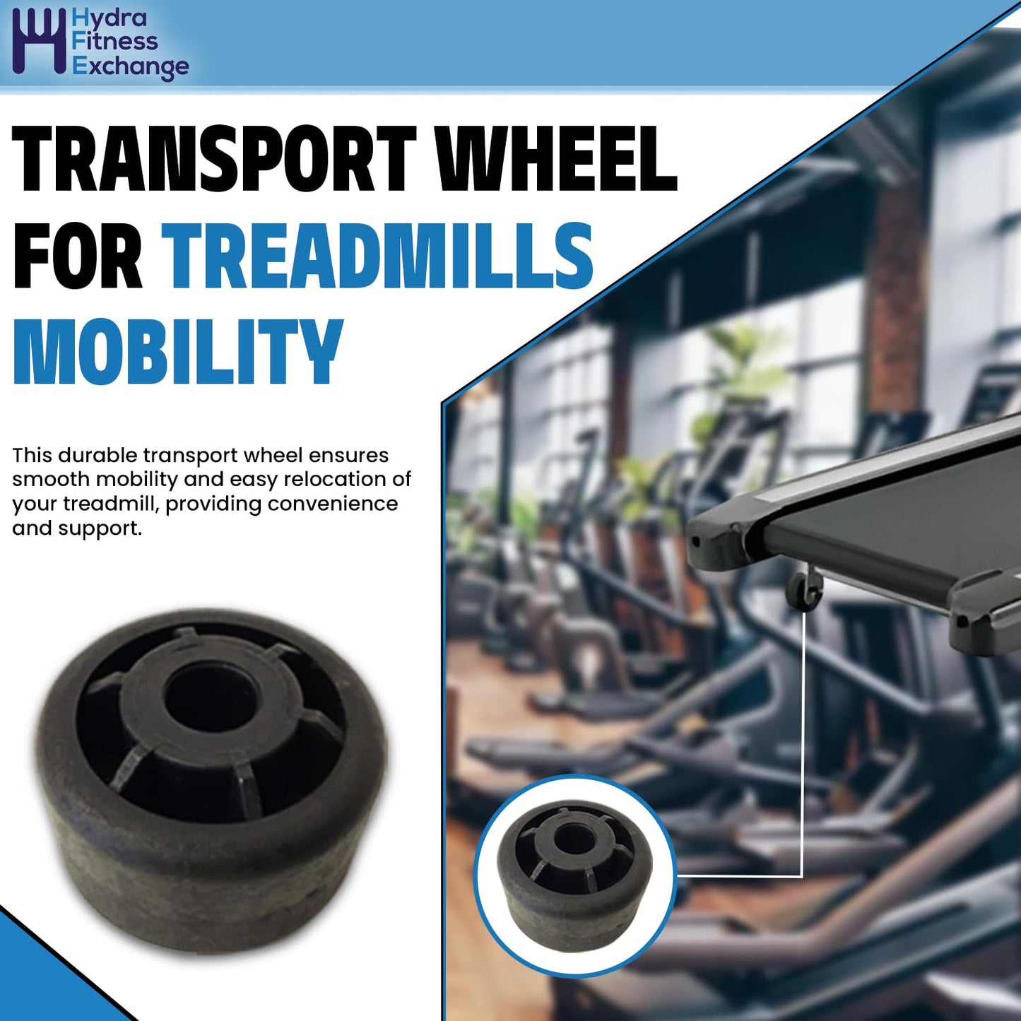 Hydra Fitness Exchange Treadmill Transport Wheel Black | Heavy Duty Caster Wheel for Moving Exercise Equipment | Works with Merit Triumph and Tempo 400T 710T 715T 30750 Treadmills | MPN 000006-AC