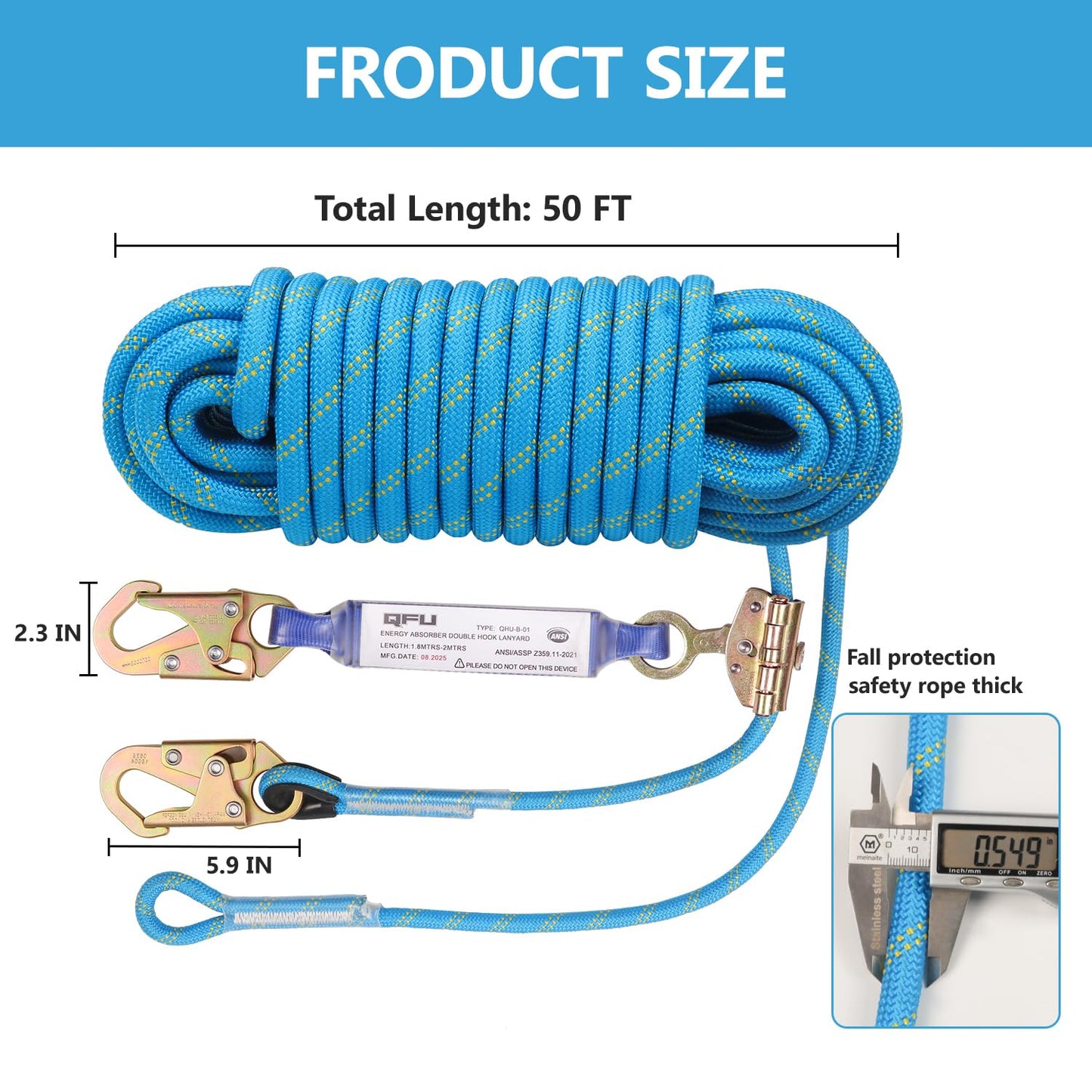 QFU 25 50 100FT Fall Protection Safety Rope - Heavy Duty Vertical Roof and Tree Climbing Rope, equipped with alloy steel clips, shock-absorbing rope, safety harness, ANSI certified