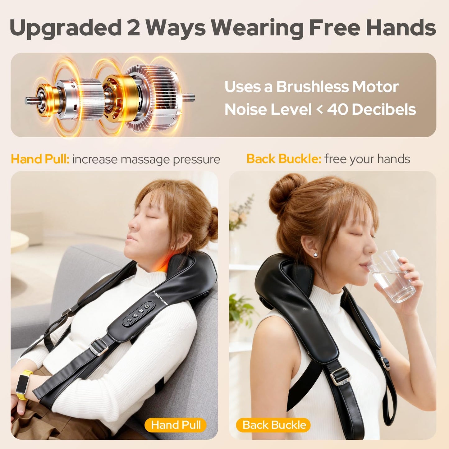 XIENORTINM Cordless Shiatsu Neck and Back Massagers with Heat, Rechargeable 4D Kneading + Tapping Wearable Massager, 3 Tapping Intensities, 3 Speeds, Ultra-Quiet Under 45dB for Deep Muscle Relief