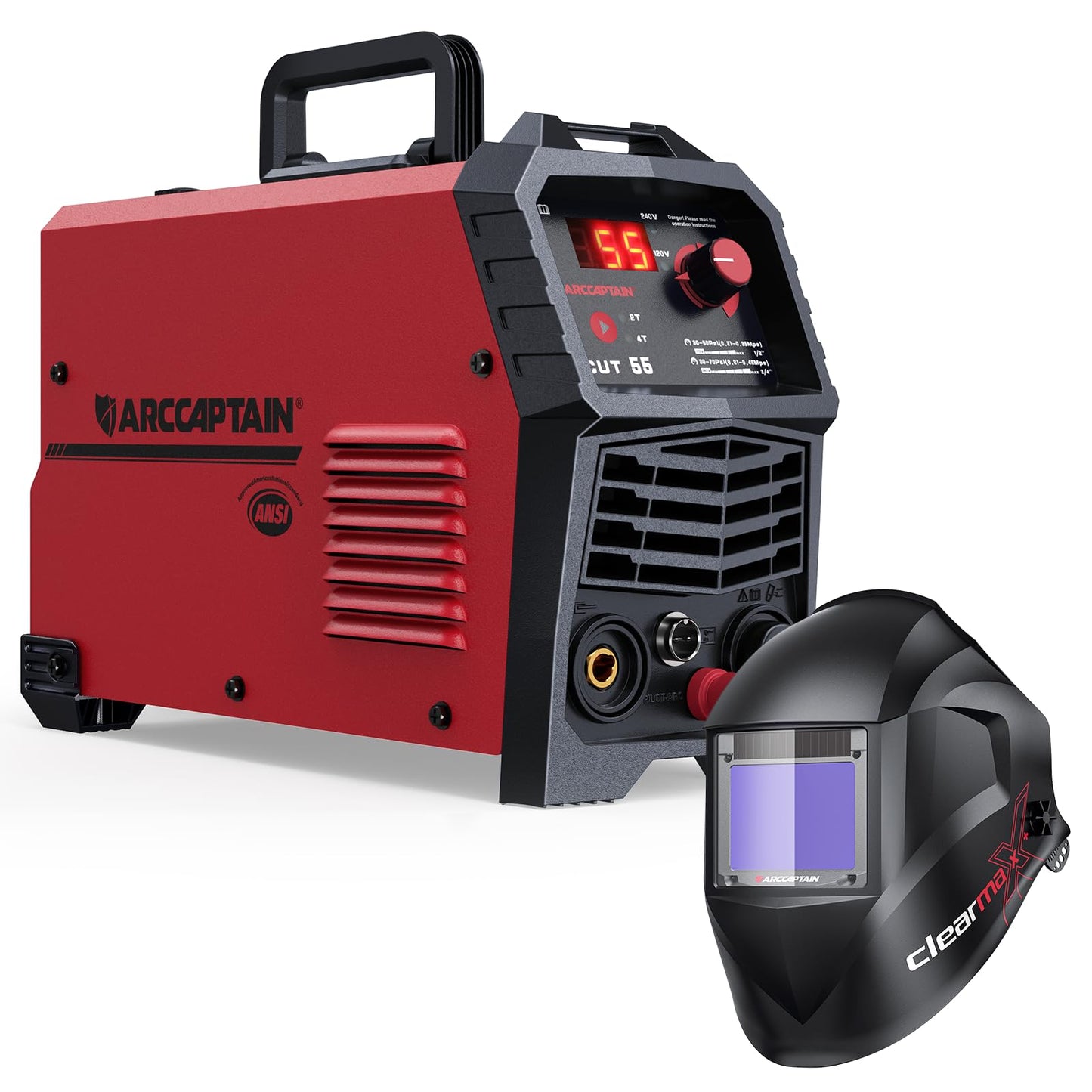ARCCAPTAIN 55A Plasma Cutter, Non-Touch Pilot Arc High-Frequency Plasma Cutting Machine + ARCCAPTAIN Internal Control Auto Darkening Welding Helmet,