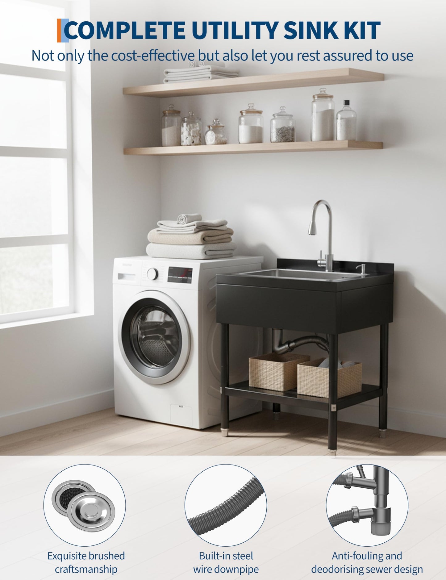 Stainless Steel Utility Sink, 31.1" × 22" × 37.8" Freestanding Laundry Tub for Kitchen, Bathroom, Garage, Basement | Includes Hot/Cold Plumbing, Hoses & Drain Kit