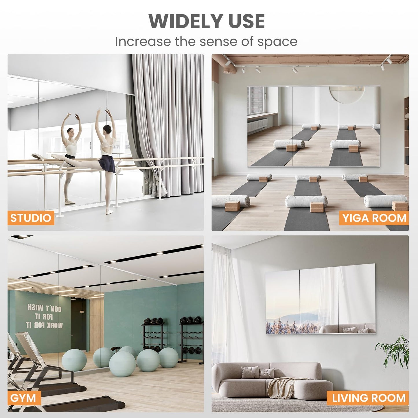 pertetey Home Gym Mirror, 48X24 Inch(1Pack) Large Frameless Tempered Glass Full Body Wall Mounted Mirror for Gym, Yoga, Exercise, Dance Studio