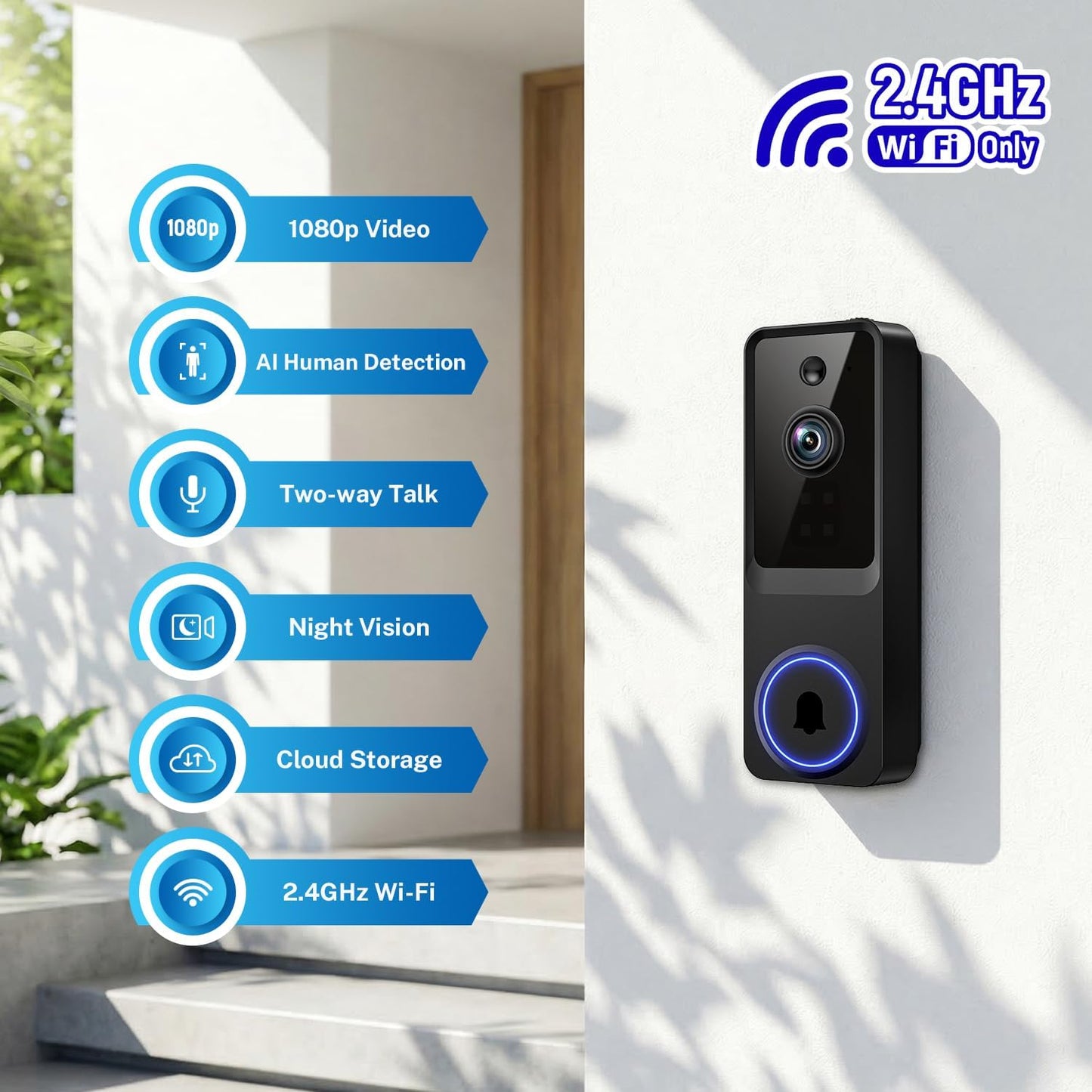 ElioVana 1080P Alerts2-Way 2.4Ghz Wireless Home Security Doorbell Camera with ReceiverAI Human DetectionReal-Time