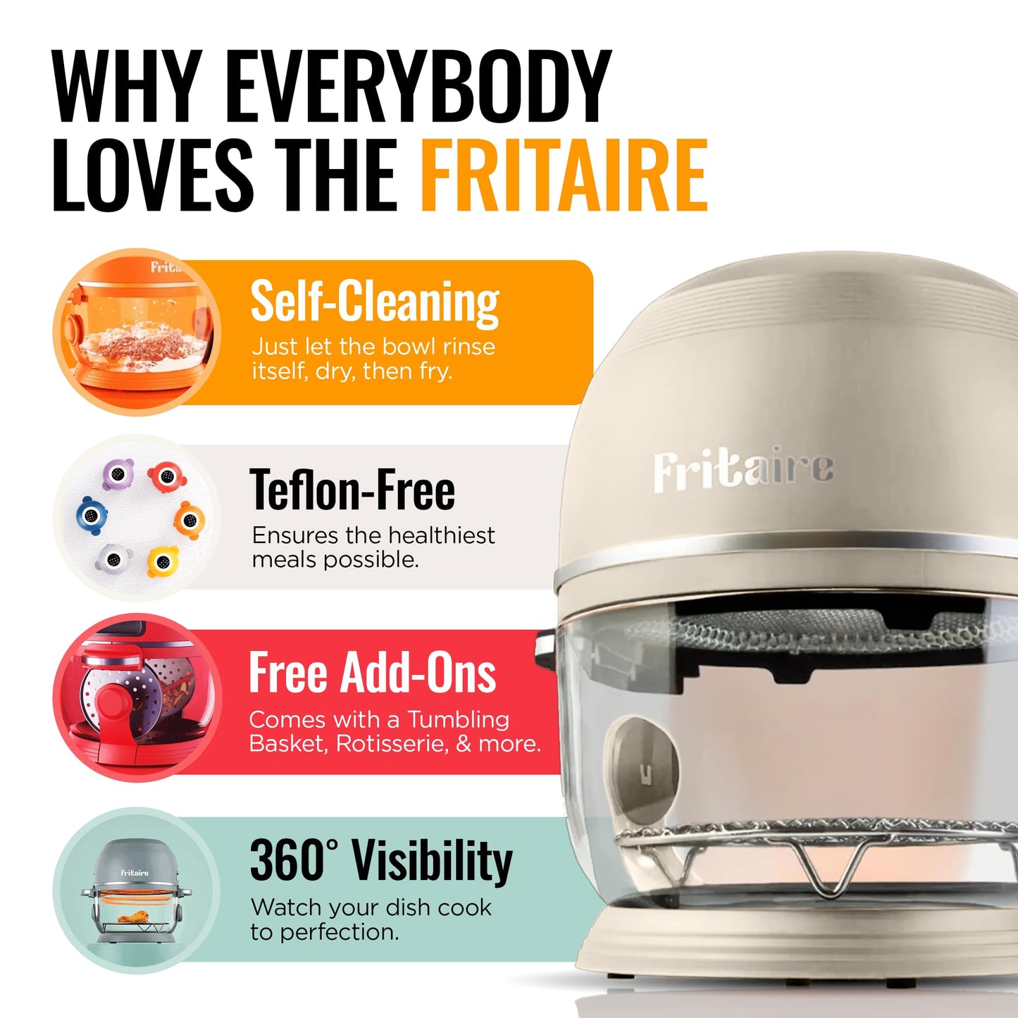 Non Toxic Air Fryer™ Pro | 9-in-1 Glass Air Fryer | Self-Cleaning | 5 Quart | Rotisserie and Tumbler | 400F Vortex For Even Cooking, BPA-Free Teflon Free, Recrisp, Roast, Bake, White