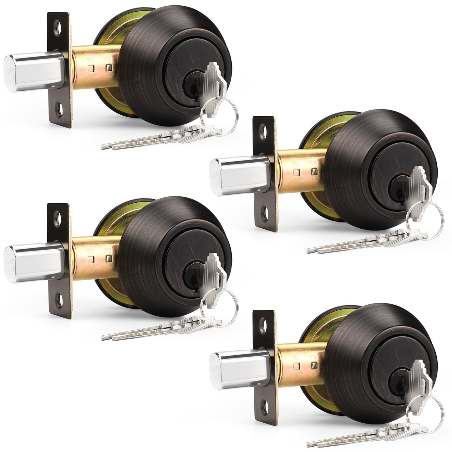 Probrico Oil Rubbed Bronze Round Double Cylinder Deadbolt Lock, Keyed Both Side Door Lock, Keyed Alike Combo 4 Pack